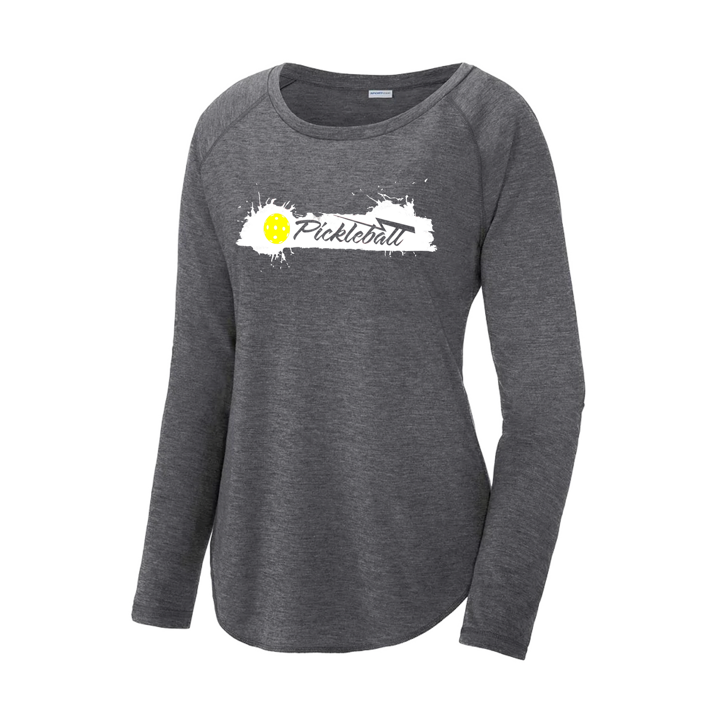 Pickleball Design: Extreme  Women's Style: Long Sleeve Scoop-Neck  Turn up the volume in this Women's shirt with its perfect mix of softness and attitude. Material is ultra-comfortable with moisture wicking properties and tri-blend softness. PosiCharge technology locks in color. Highly breathable and lightweight.