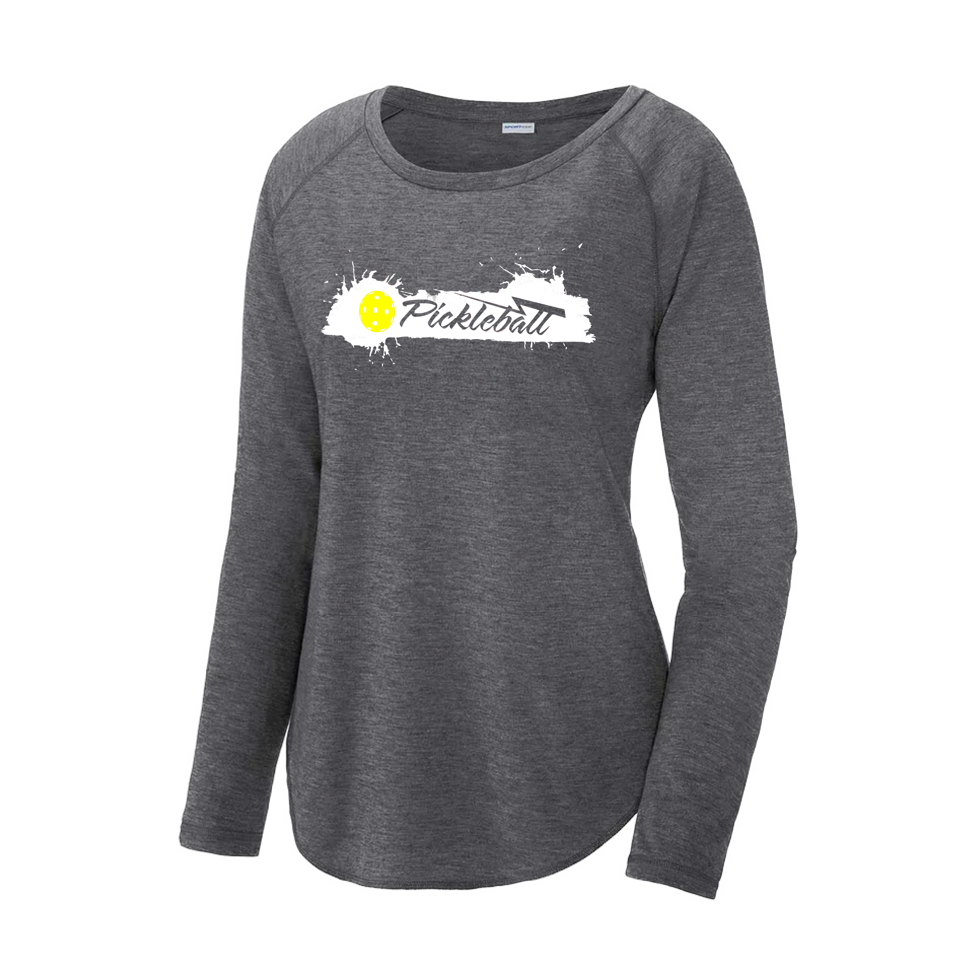 Pickleball Design: Extreme  Women's Style: Long Sleeve Scoop-Neck  Turn up the volume in this Women's shirt with its perfect mix of softness and attitude. Material is ultra-comfortable with moisture wicking properties and tri-blend softness. PosiCharge technology locks in color. Highly breathable and lightweight.