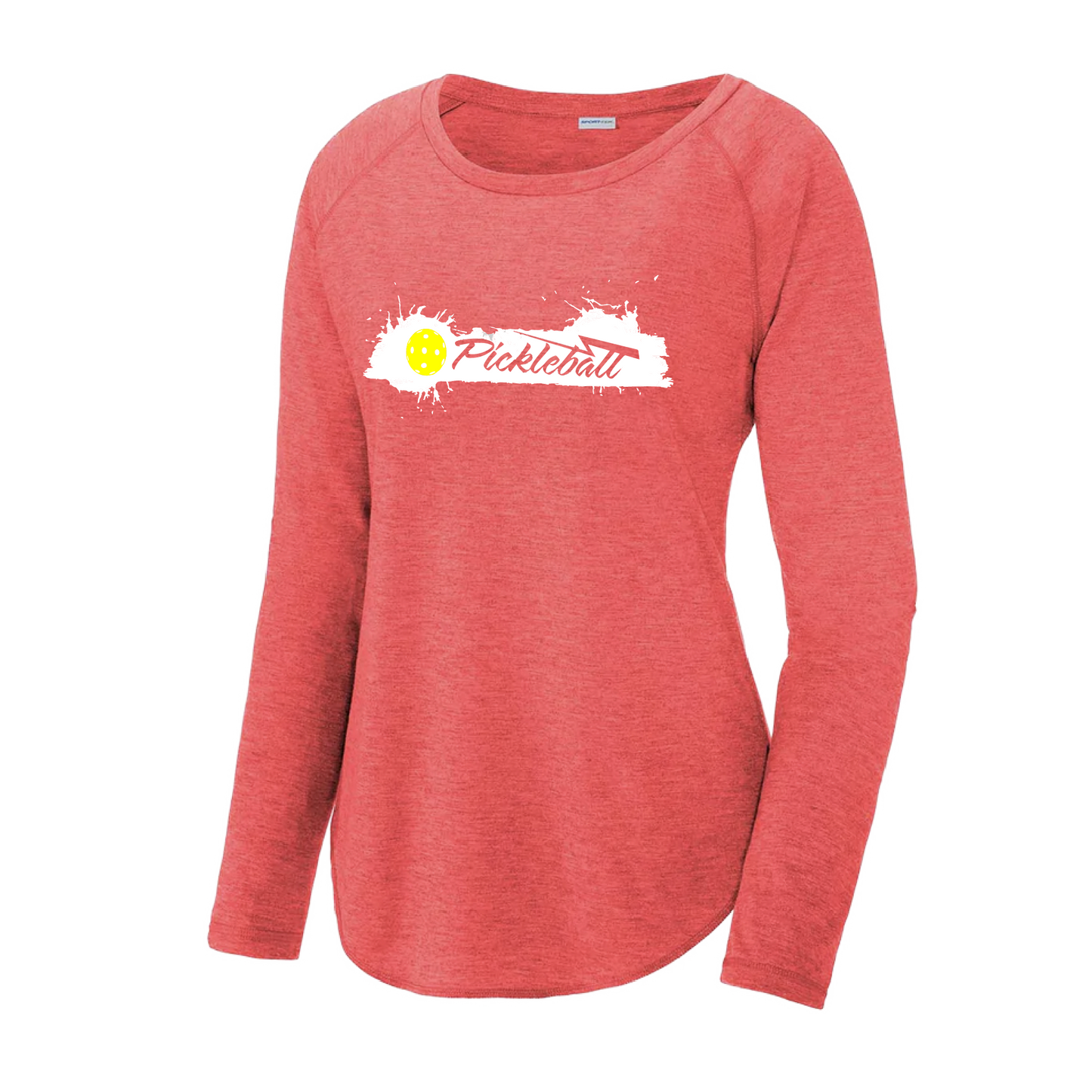 Pickleball Design: Extreme  Women's Style: Long Sleeve Scoop-Neck  Turn up the volume in this Women's shirt with its perfect mix of softness and attitude. Material is ultra-comfortable with moisture wicking properties and tri-blend softness. PosiCharge technology locks in color. Highly breathable and lightweight.