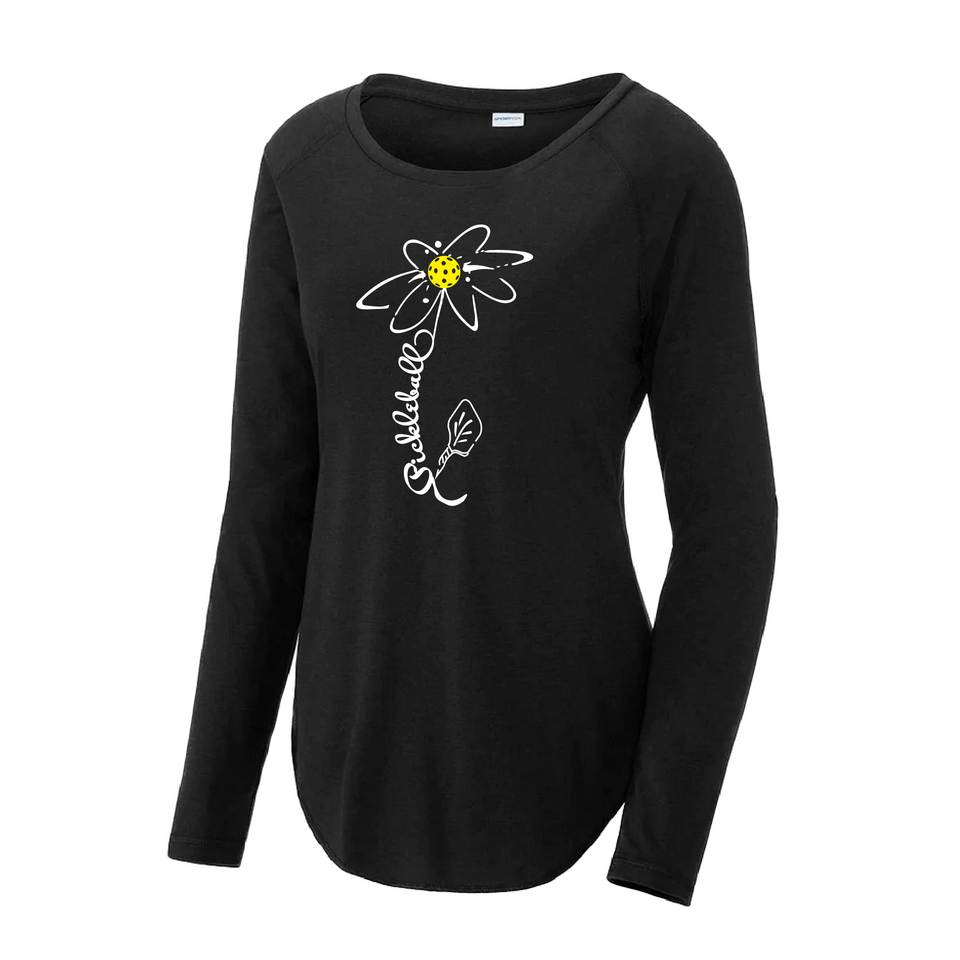 Pickleball Design: Pickleball Flower  Women's Style: Long Sleeve Scoop-Neck  Turn up the volume in this Women's shirt with its perfect mix of softness and attitude. Material is ultra-comfortable with moisture wicking properties and tri-blend softness. PosiCharge technology locks in color. Highly breathable and lightweight.