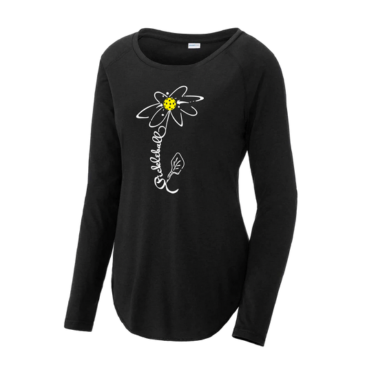 Pickleball Design: Pickleball Flower  Women's Style: Long Sleeve Scoop-Neck  Turn up the volume in this Women's shirt with its perfect mix of softness and attitude. Material is ultra-comfortable with moisture wicking properties and tri-blend softness. PosiCharge technology locks in color. Highly breathable and lightweight.