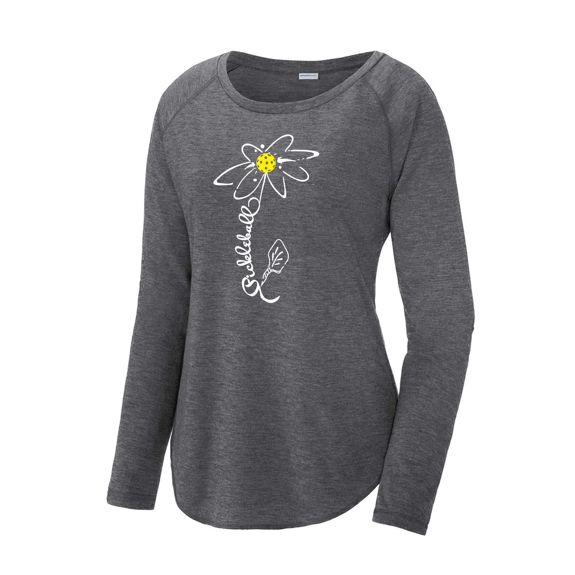 Pickleball Design: Pickleball Flower  Women's Style: Long Sleeve Scoop-Neck  Turn up the volume in this Women's shirt with its perfect mix of softness and attitude. Material is ultra-comfortable with moisture wicking properties and tri-blend softness. PosiCharge technology locks in color. Highly breathable and lightweight.