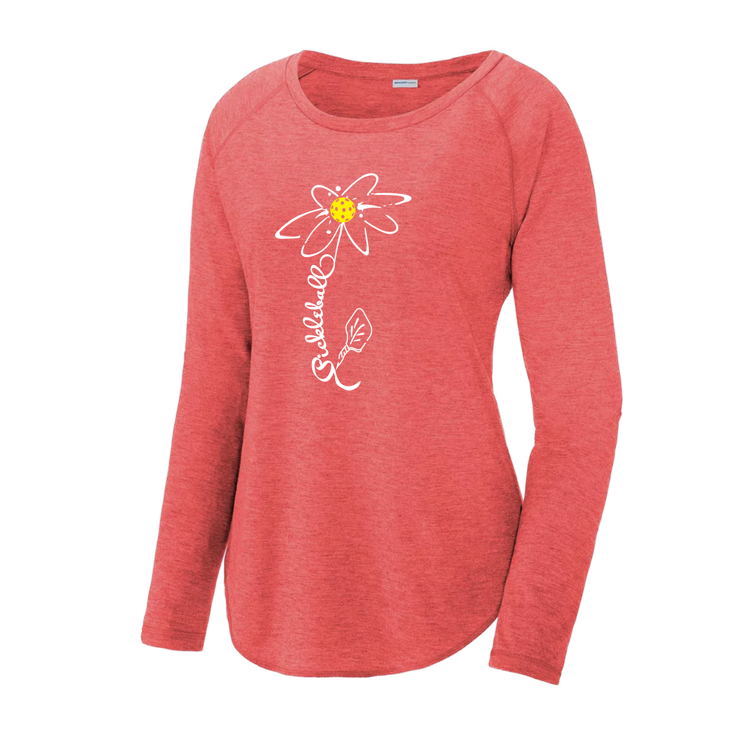 Pickleball Design: Pickleball Flower  Women's Style: Long Sleeve Scoop-Neck  Turn up the volume in this Women's shirt with its perfect mix of softness and attitude. Material is ultra-comfortable with moisture wicking properties and tri-blend softness. PosiCharge technology locks in color. Highly breathable and lightweight.