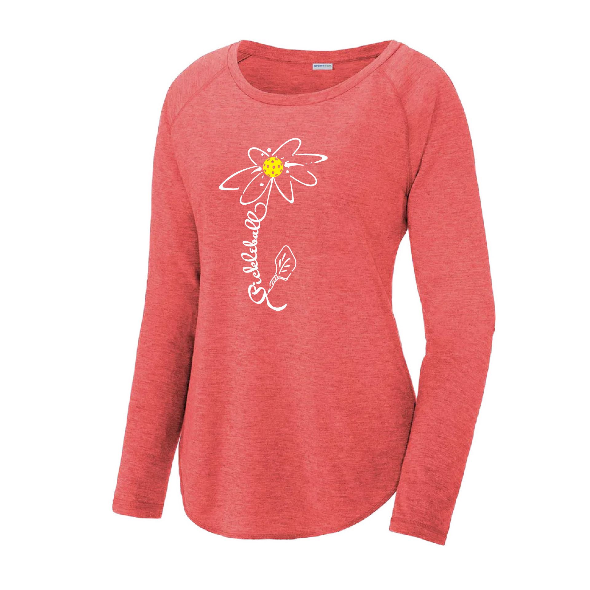 Pickleball Design: Pickleball Flower  Women's Style: Long Sleeve Scoop-Neck  Turn up the volume in this Women's shirt with its perfect mix of softness and attitude. Material is ultra-comfortable with moisture wicking properties and tri-blend softness. PosiCharge technology locks in color. Highly breathable and lightweight.