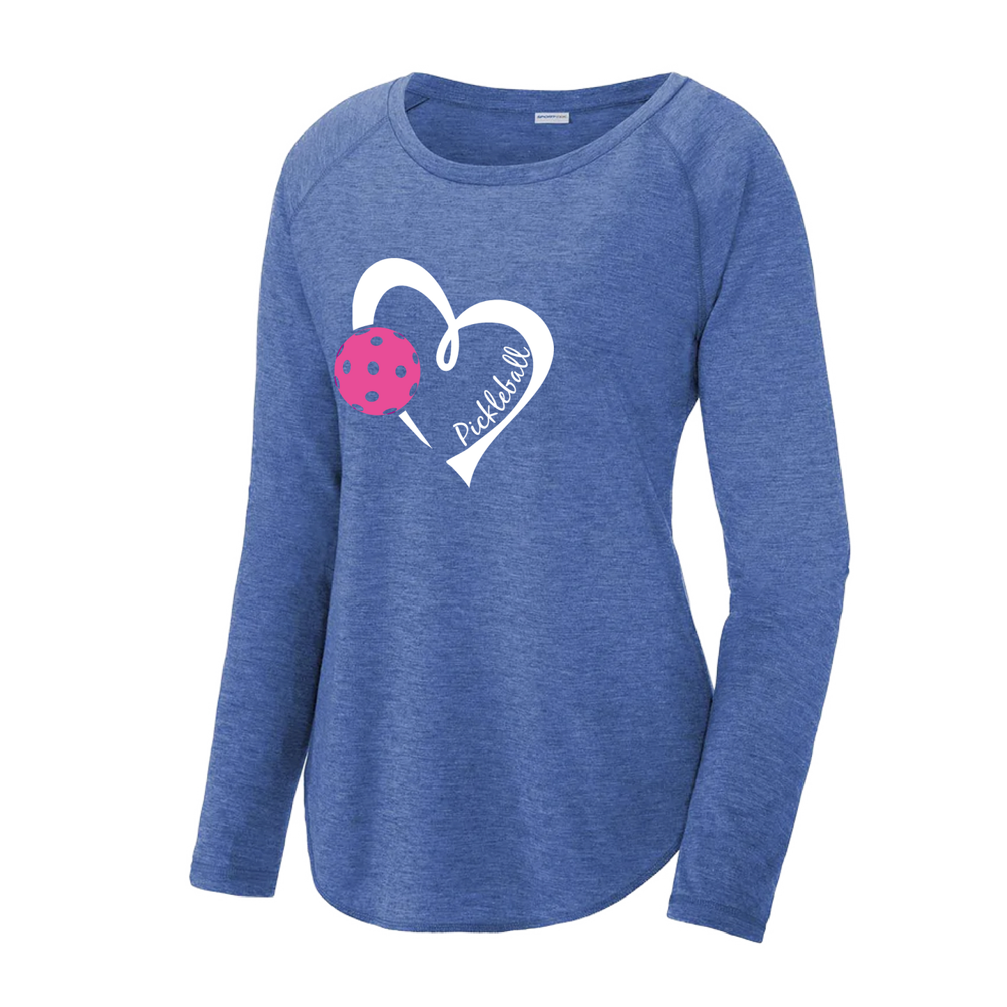 Pickleball Design: Heart with Pickleball  Women's Style: Long Sleeve Scoop-Neck  Turn up the volume in this Women's shirt with its perfect mix of softness and attitude. Material is ultra-comfortable with moisture wicking properties and tri-blend softness. PosiCharge technology locks in color. Highly breathable and lightweight.