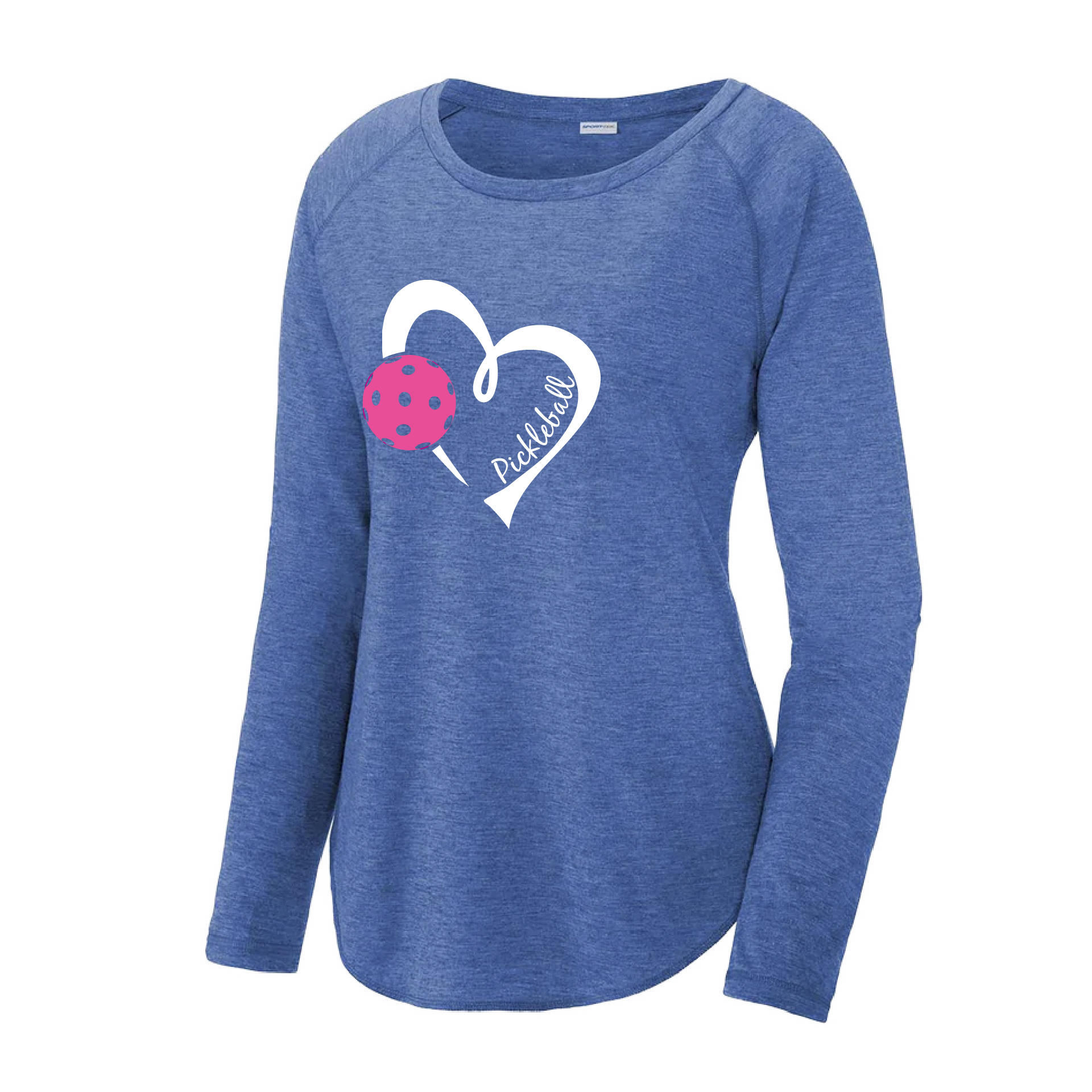 Pickleball Design: Heart with Pickleball  Women's Style: Long Sleeve Scoop-Neck  Turn up the volume in this Women's shirt with its perfect mix of softness and attitude. Material is ultra-comfortable with moisture wicking properties and tri-blend softness. PosiCharge technology locks in color. Highly breathable and lightweight.