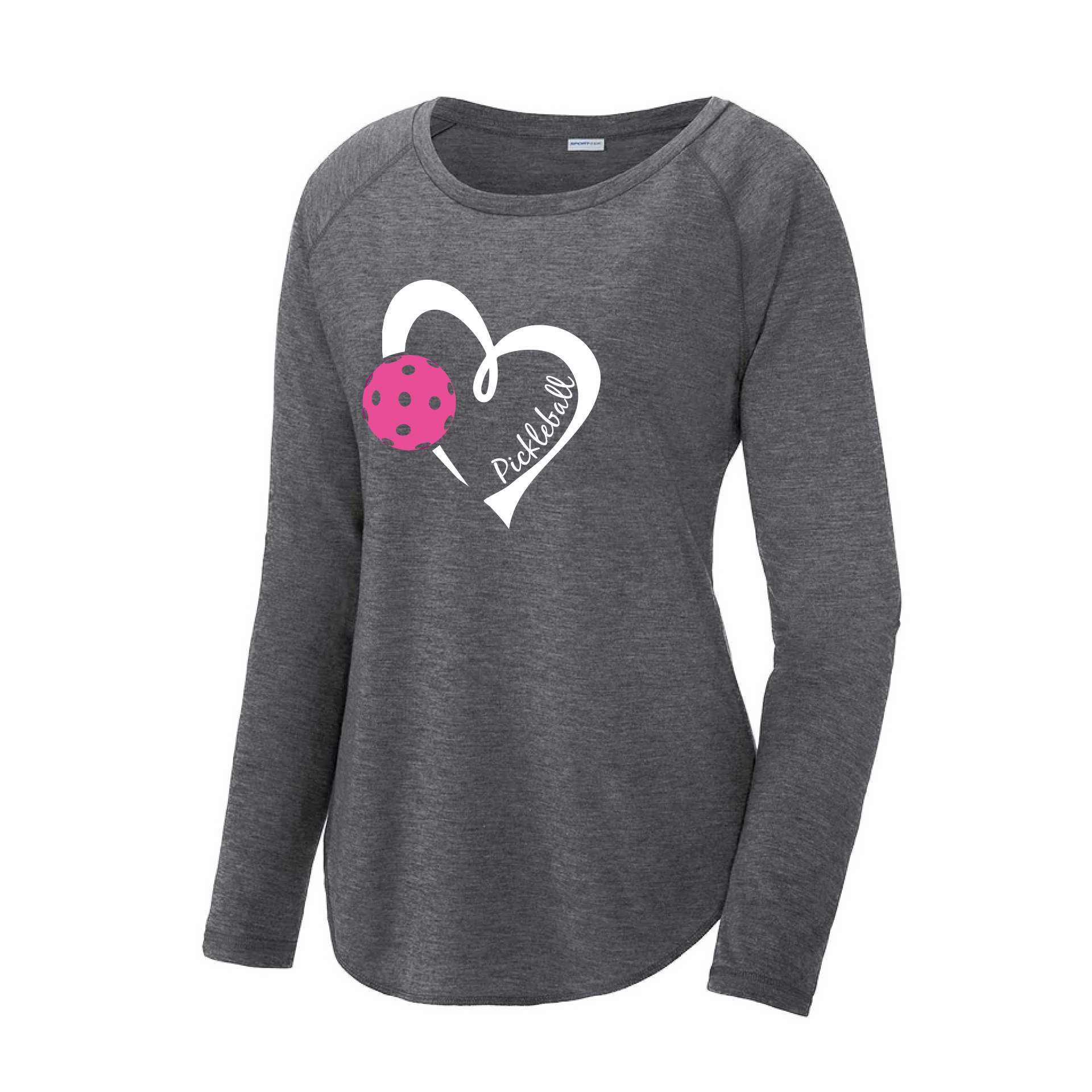 Pickleball Design: Heart with Pickleball  Women's Style: Long Sleeve Scoop-Neck  Turn up the volume in this Women's shirt with its perfect mix of softness and attitude. Material is ultra-comfortable with moisture wicking properties and tri-blend softness. PosiCharge technology locks in color. Highly breathable and lightweight.