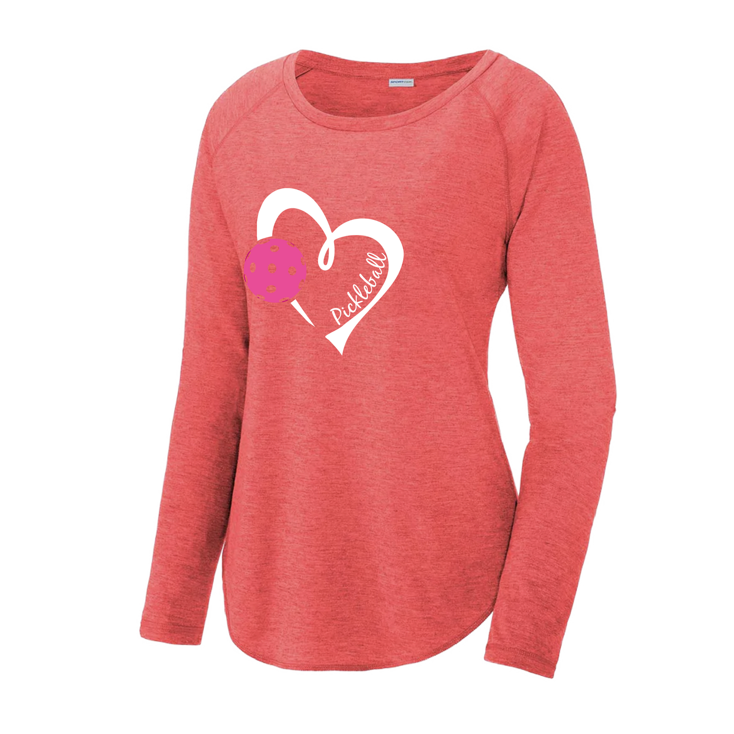 Pickleball Design: Heart with Pickleball  Women's Style: Long Sleeve Scoop-Neck  Turn up the volume in this Women's shirt with its perfect mix of softness and attitude. Material is ultra-comfortable with moisture wicking properties and tri-blend softness. PosiCharge technology locks in color. Highly breathable and lightweight.