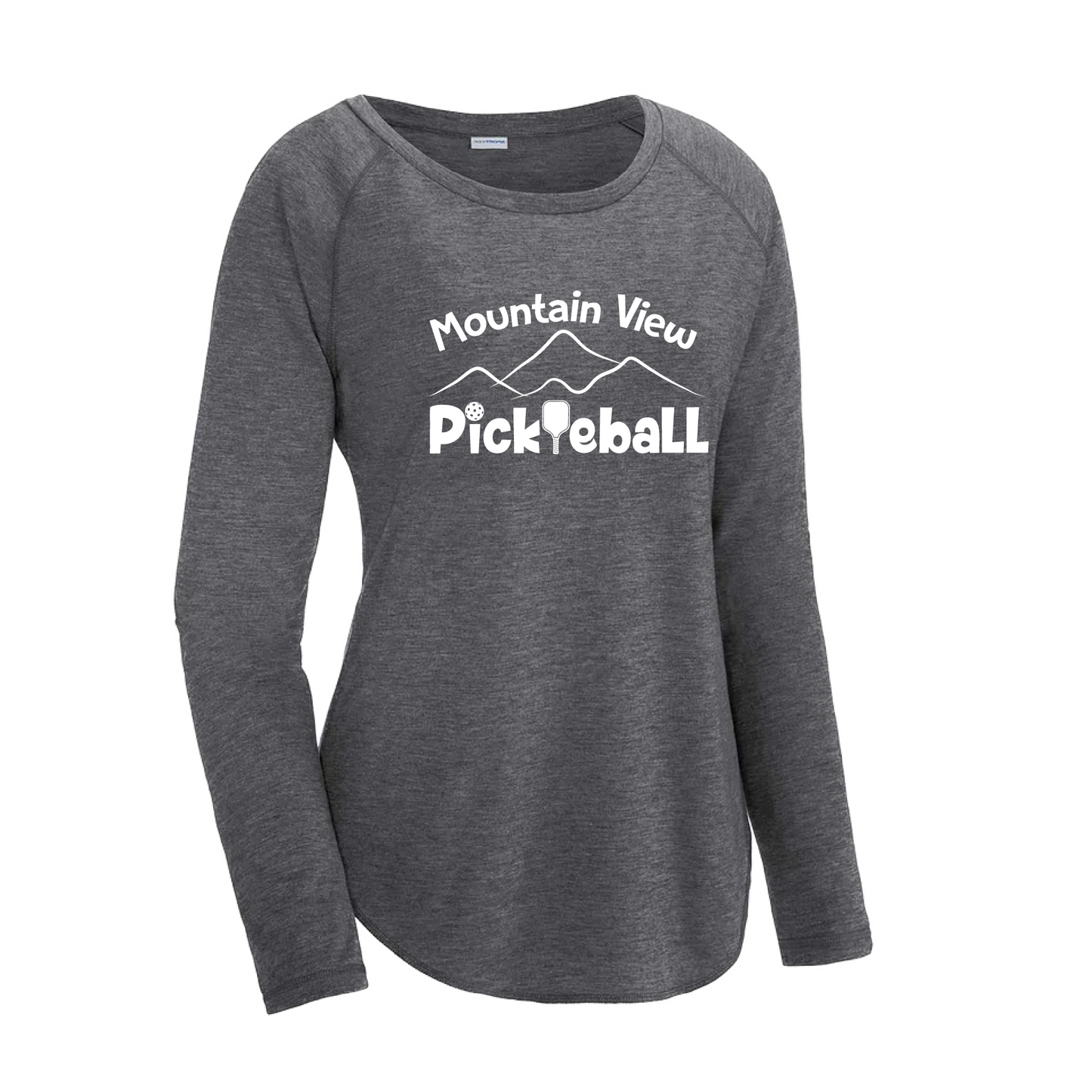 Pickleball Design: Mountain View Pickleball Club  Women's Style: Long-Sleeve Scoop-Neck  Turn up the volume in this Women's shirt with its perfect mix of softness and attitude. Material is ultra-comfortable with moisture wicking properties and tri-blend softness. PosiCharge technology locks in color. Highly breathable and lightweight.