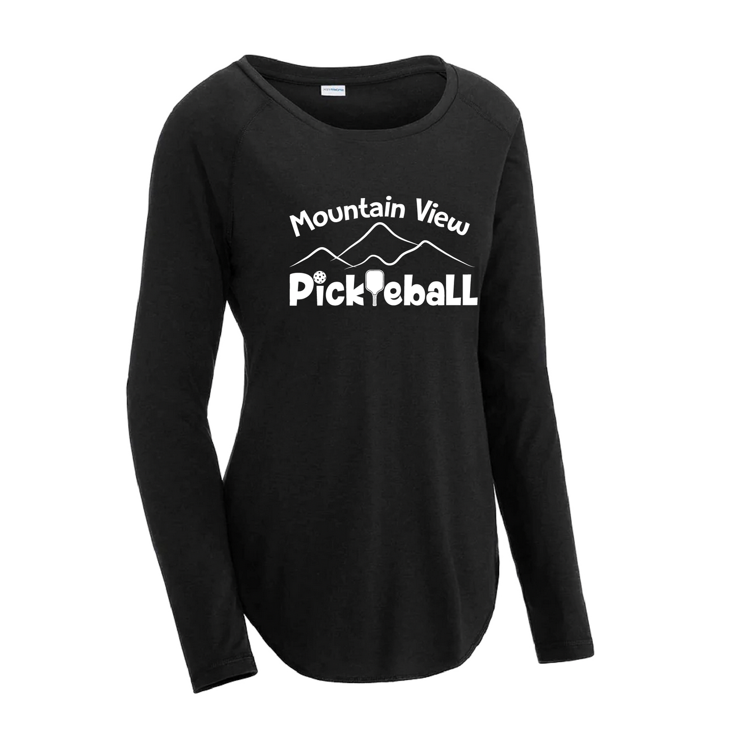 Pickleball Design: Mountain View Pickleball Club  Women's Style: Long-Sleeve Scoop-Neck  Turn up the volume in this Women's shirt with its perfect mix of softness and attitude. Material is ultra-comfortable with moisture wicking properties and tri-blend softness. PosiCharge technology locks in color. Highly breathable and lightweight.