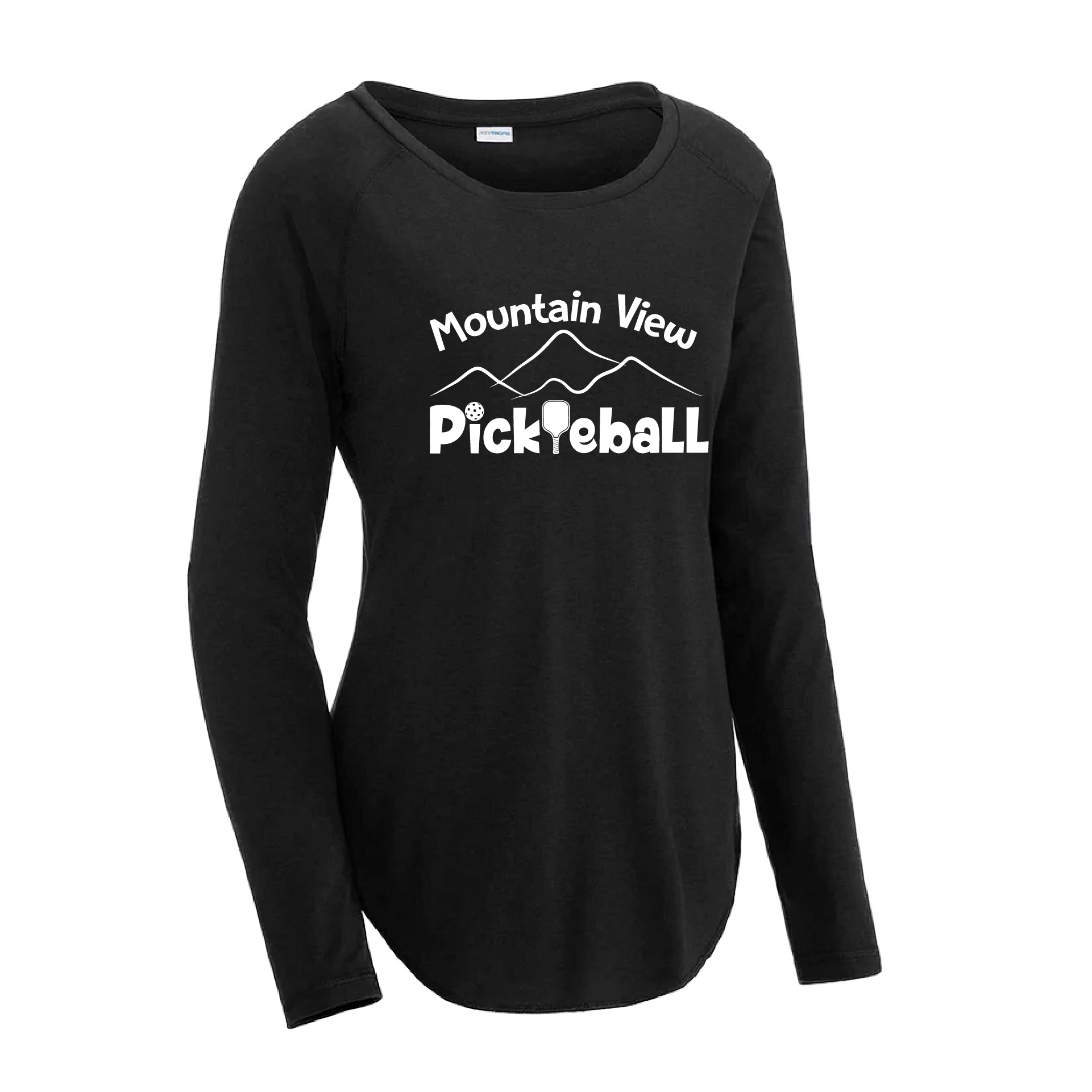 Pickleball Design: Mountain View Pickleball Club  Women's Style: Long-Sleeve Scoop-Neck  Turn up the volume in this Women's shirt with its perfect mix of softness and attitude. Material is ultra-comfortable with moisture wicking properties and tri-blend softness. PosiCharge technology locks in color. Highly breathable and lightweight.