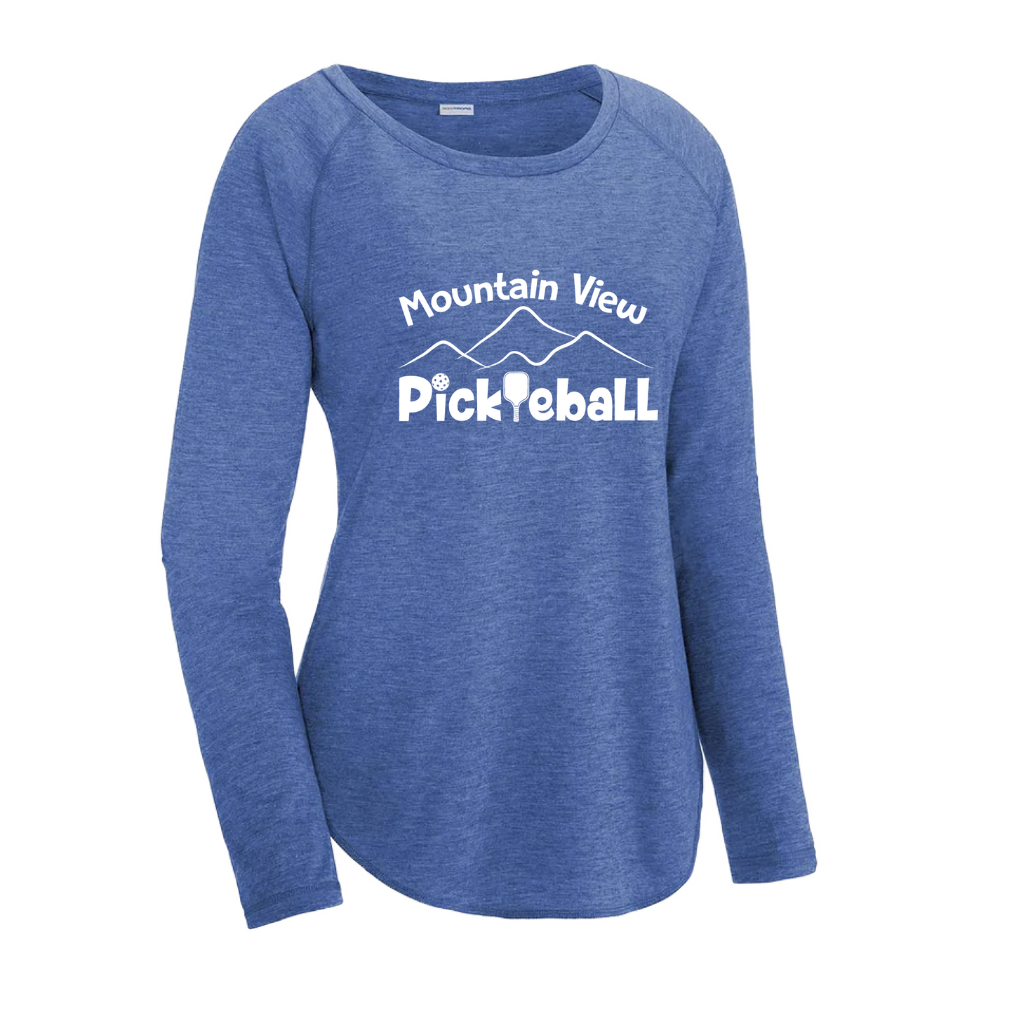 Pickleball Design: Mountain View Pickleball Club  Women's Style: Long-Sleeve Scoop-Neck  Turn up the volume in this Women's shirt with its perfect mix of softness and attitude. Material is ultra-comfortable with moisture wicking properties and tri-blend softness. PosiCharge technology locks in color. Highly breathable and lightweight.