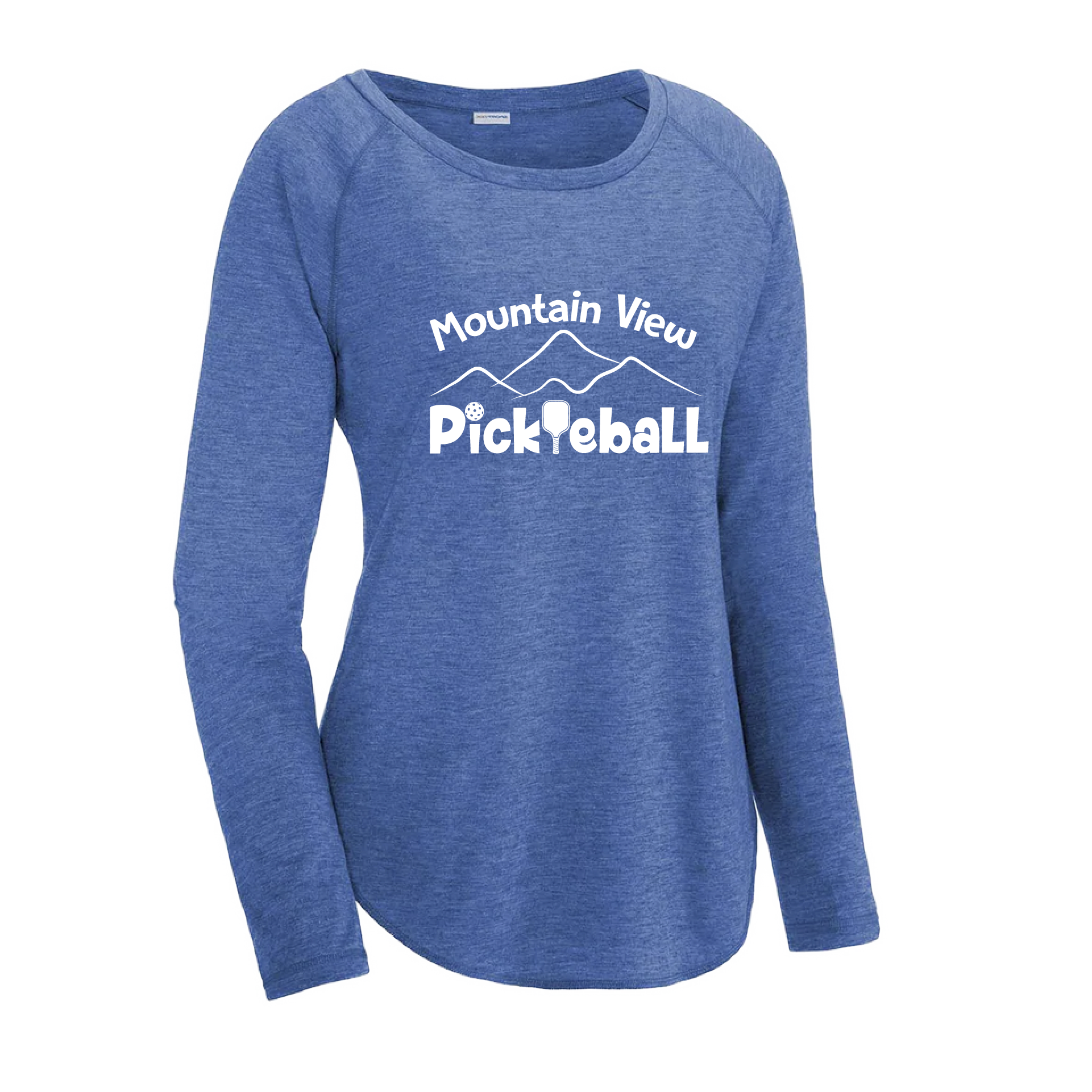 Pickleball Design: Mountain View Pickleball Club  Women's Style: Long-Sleeve Scoop-Neck  Turn up the volume in this Women's shirt with its perfect mix of softness and attitude. Material is ultra-comfortable with moisture wicking properties and tri-blend softness. PosiCharge technology locks in color. Highly breathable and lightweight.