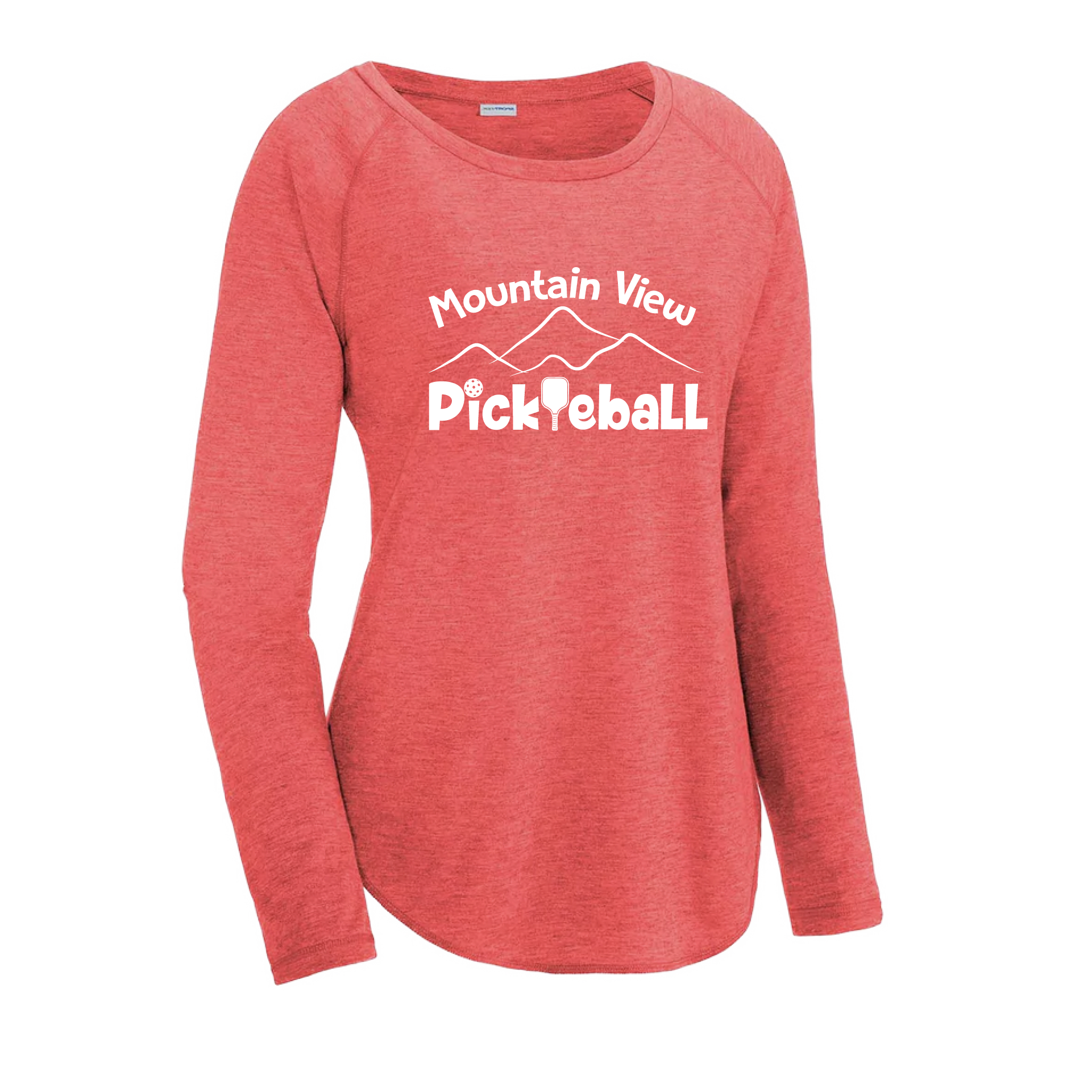 Pickleball Design: Mountain View Pickleball Club  Women's Style: Long-Sleeve Scoop-Neck  Turn up the volume in this Women's shirt with its perfect mix of softness and attitude. Material is ultra-comfortable with moisture wicking properties and tri-blend softness. PosiCharge technology locks in color. Highly breathable and lightweight.