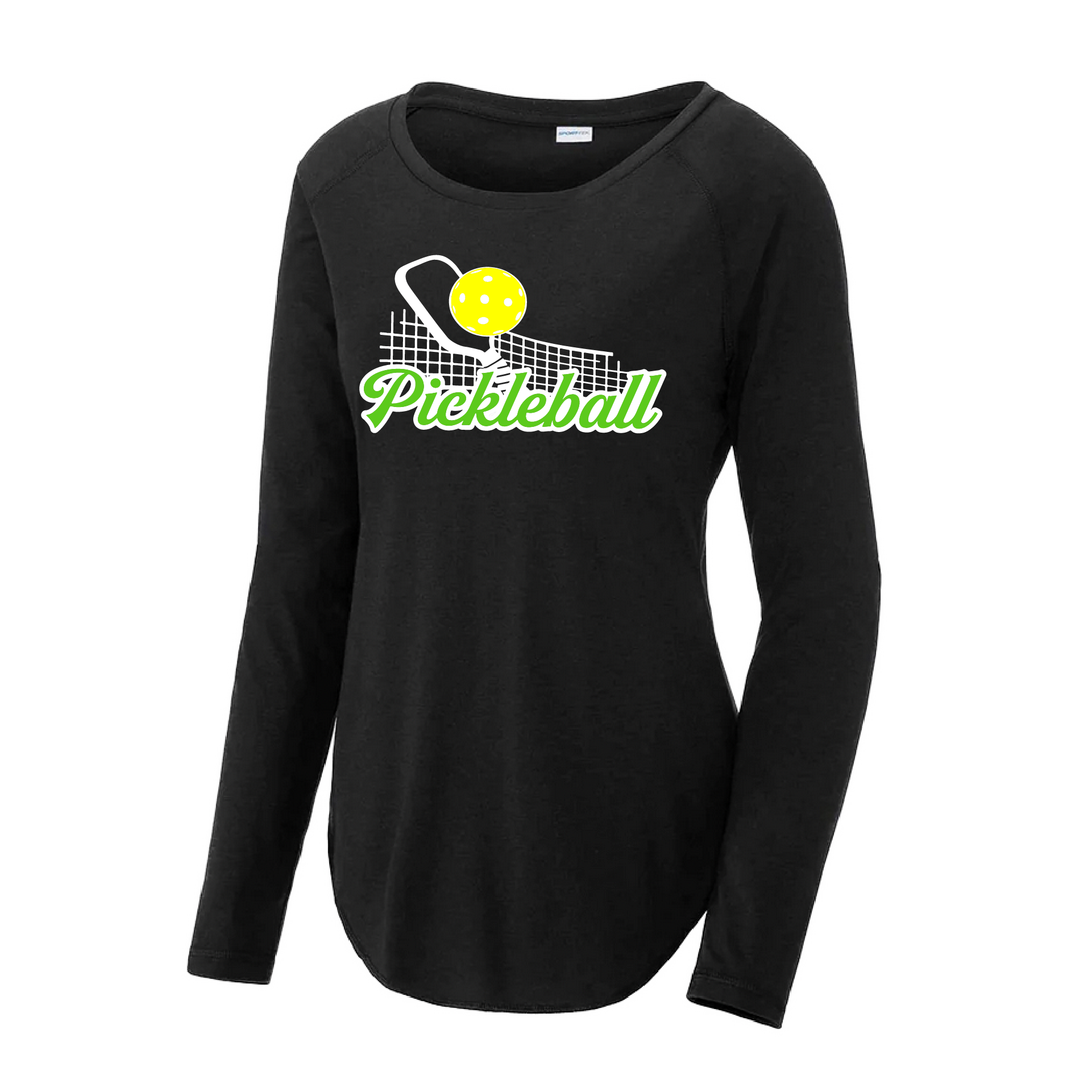 Pickleball Design: Pickleball Net  Women's Style: Long Sleeve Scoop-Neck  Turn up the volume in this Women's shirt with its perfect mix of softness and attitude. Material is ultra-comfortable with moisture wicking properties and tri-blend softness. PosiCharge technology locks in color. Highly breathable and lightweight.