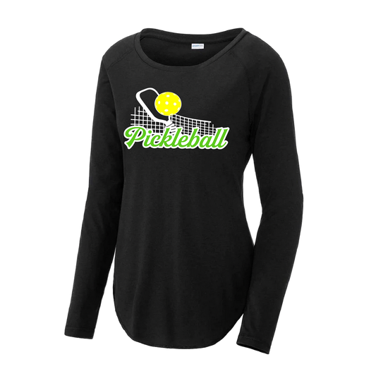 Pickleball Design: Pickleball Net  Women's Style: Long Sleeve Scoop-Neck  Turn up the volume in this Women's shirt with its perfect mix of softness and attitude. Material is ultra-comfortable with moisture wicking properties and tri-blend softness. PosiCharge technology locks in color. Highly breathable and lightweight.