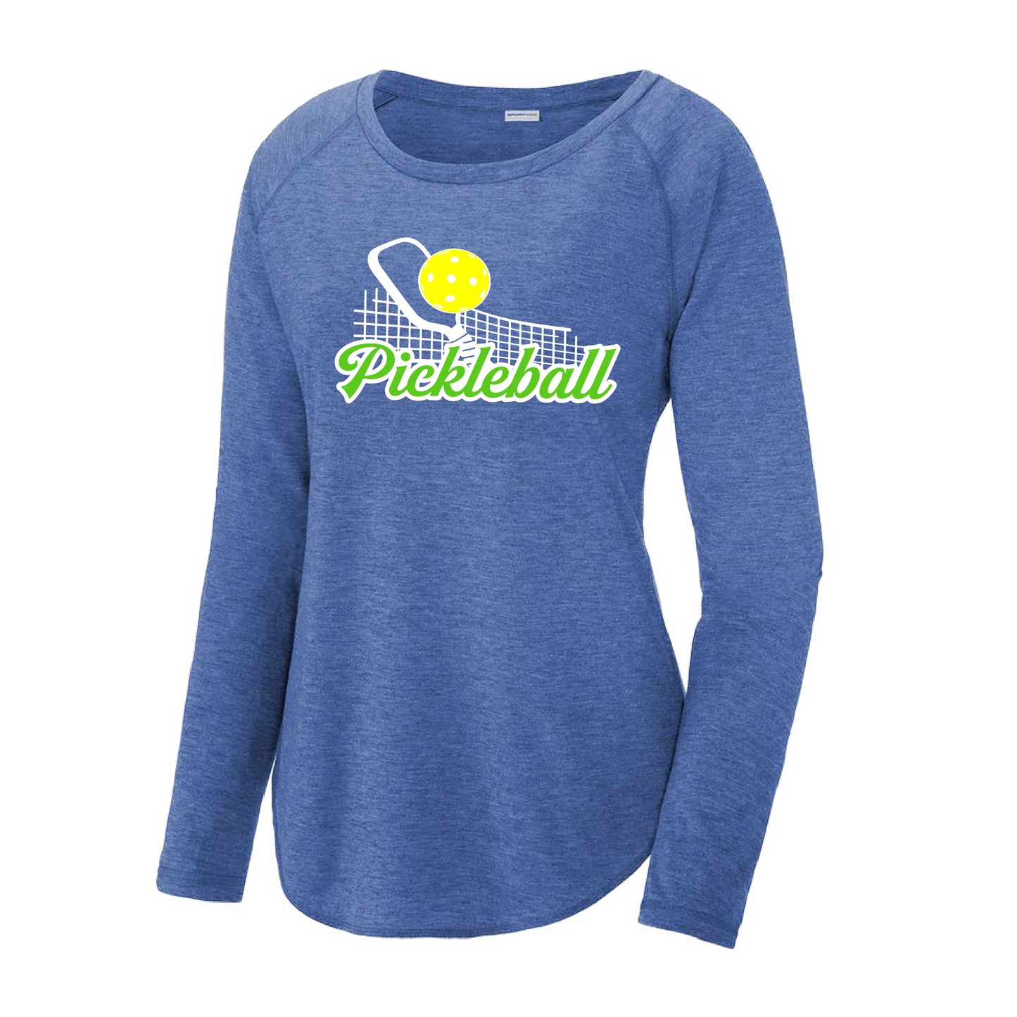 Pickleball Design: Pickleball Net  Women's Style: Long Sleeve Scoop-Neck  Turn up the volume in this Women's shirt with its perfect mix of softness and attitude. Material is ultra-comfortable with moisture wicking properties and tri-blend softness. PosiCharge technology locks in color. Highly breathable and lightweight.