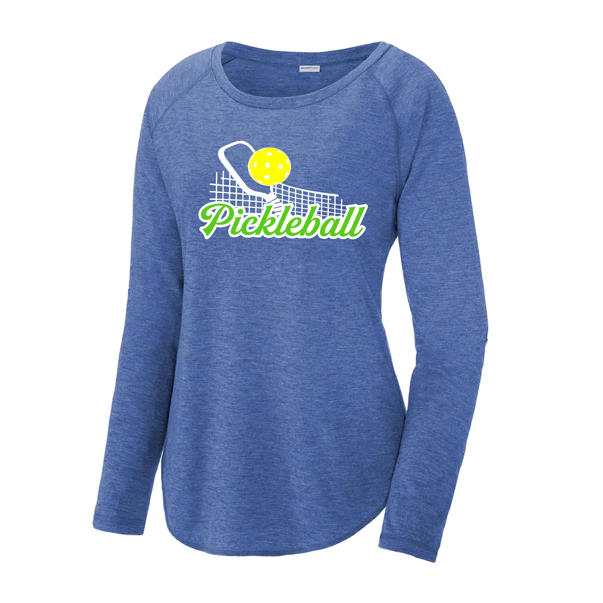 Pickleball Design: Pickleball Net  Women's Style: Long Sleeve Scoop-Neck  Turn up the volume in this Women's shirt with its perfect mix of softness and attitude. Material is ultra-comfortable with moisture wicking properties and tri-blend softness. PosiCharge technology locks in color. Highly breathable and lightweight.