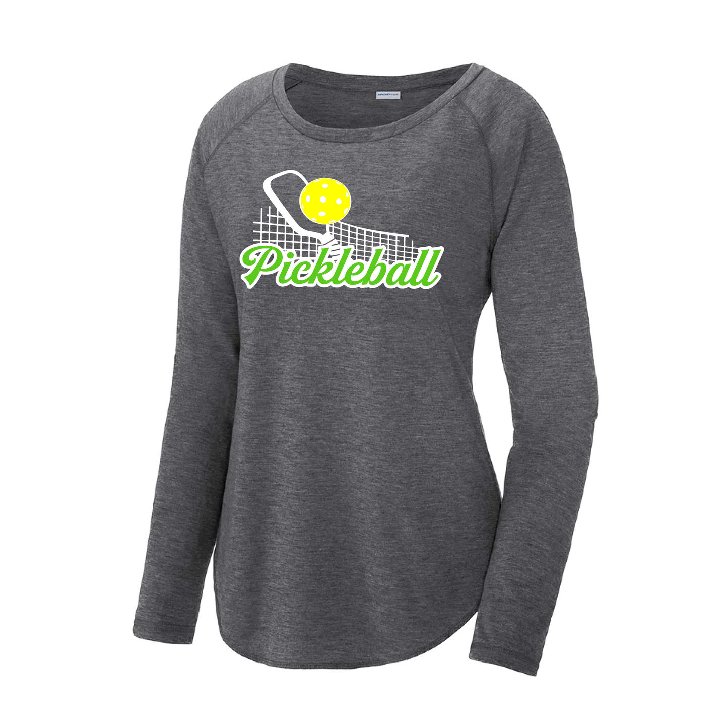 Pickleball Design: Pickleball Net  Women's Style: Long Sleeve Scoop-Neck  Turn up the volume in this Women's shirt with its perfect mix of softness and attitude. Material is ultra-comfortable with moisture wicking properties and tri-blend softness. PosiCharge technology locks in color. Highly breathable and lightweight.