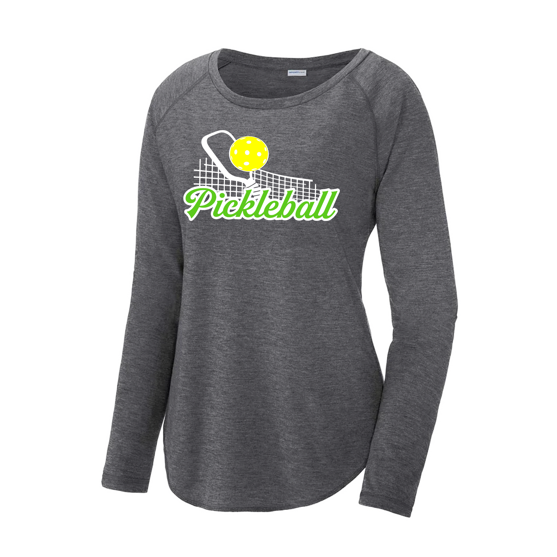 Pickleball Design: Pickleball Net  Women's Style: Long Sleeve Scoop-Neck  Turn up the volume in this Women's shirt with its perfect mix of softness and attitude. Material is ultra-comfortable with moisture wicking properties and tri-blend softness. PosiCharge technology locks in color. Highly breathable and lightweight.