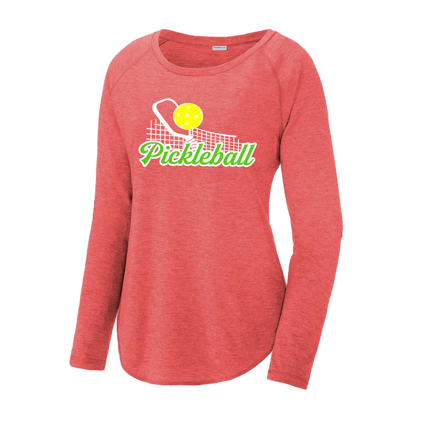 Pickleball Design: Pickleball Net  Women's Style: Long Sleeve Scoop-Neck  Turn up the volume in this Women's shirt with its perfect mix of softness and attitude. Material is ultra-comfortable with moisture wicking properties and tri-blend softness. PosiCharge technology locks in color. Highly breathable and lightweight.