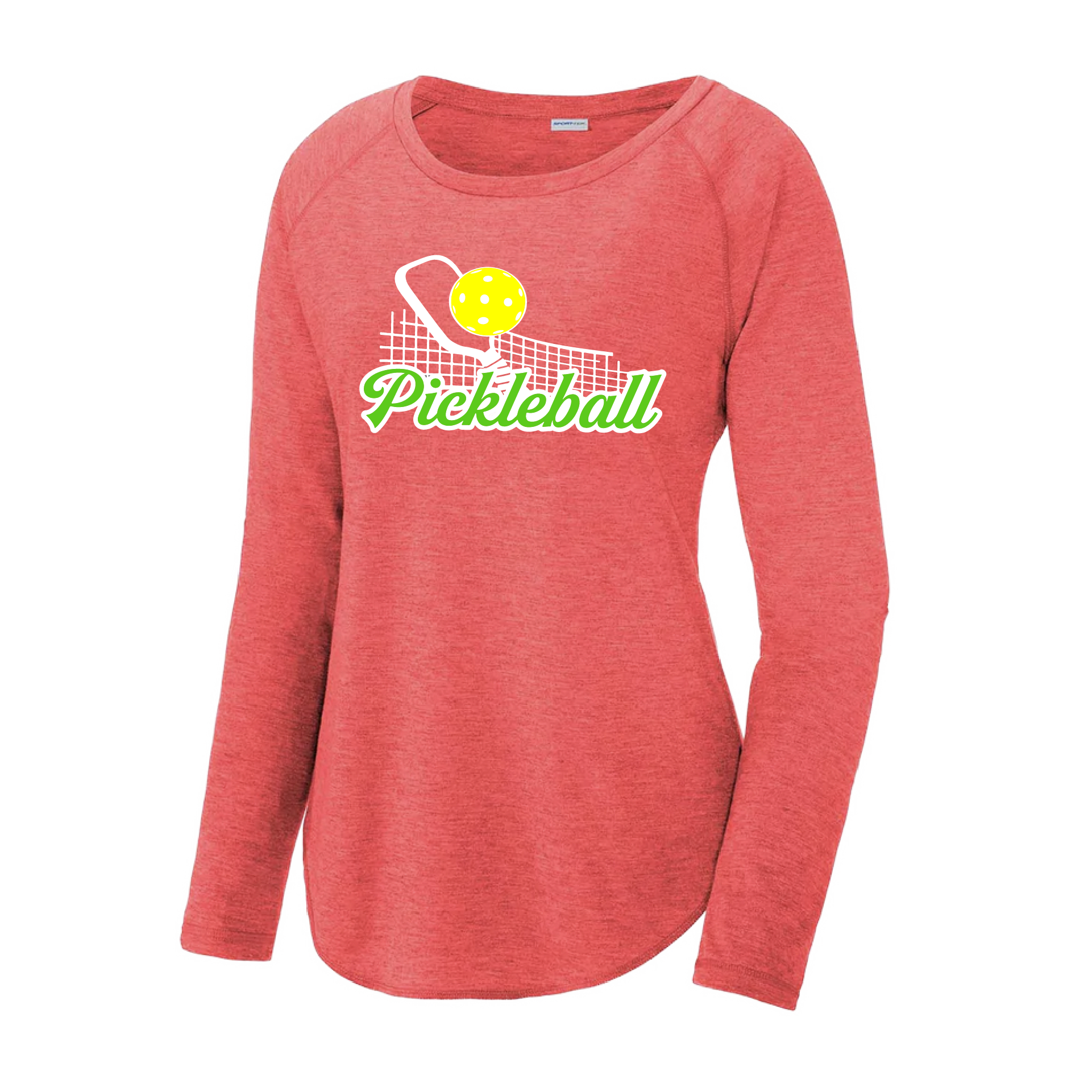 Pickleball Design: Pickleball Net  Women's Style: Long Sleeve Scoop-Neck  Turn up the volume in this Women's shirt with its perfect mix of softness and attitude. Material is ultra-comfortable with moisture wicking properties and tri-blend softness. PosiCharge technology locks in color. Highly breathable and lightweight.