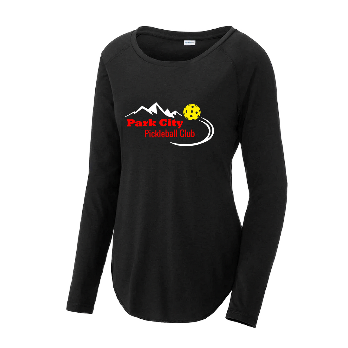 Pickleball Design: Park City Pickleball Club (red words)  Women's Style: Long Sleeve Scoop-Neck  Turn up the volume in this Women's shirt with its perfect mix of softness and attitude. Material is ultra-comfortable with moisture wicking properties and tri-blend softness. PosiCharge technology locks in color. Highly breathable and lightweight.