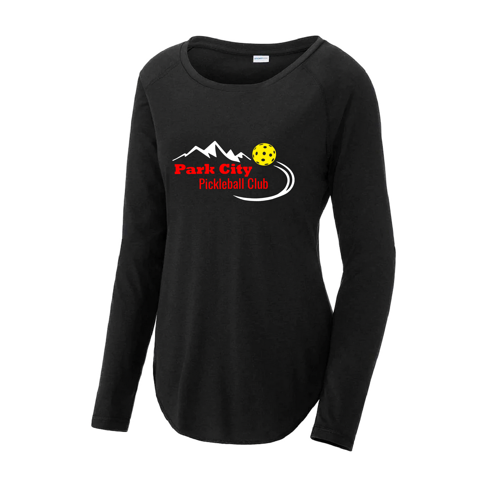 Pickleball Design: Park City Pickleball Club (red words)  Women's Style: Long Sleeve Scoop-Neck  Turn up the volume in this Women's shirt with its perfect mix of softness and attitude. Material is ultra-comfortable with moisture wicking properties and tri-blend softness. PosiCharge technology locks in color. Highly breathable and lightweight.