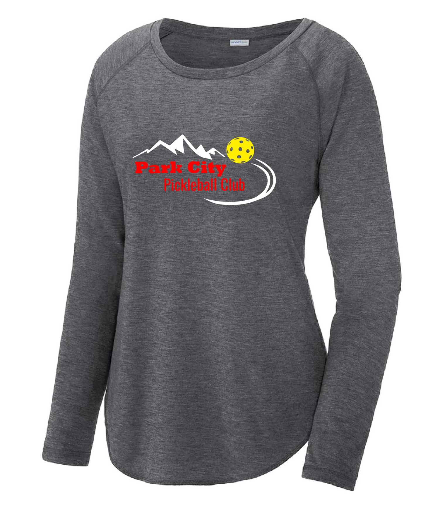 Pickleball Design: Park City Pickleball Club (red words)  Women's Style: Long Sleeve Scoop-Neck  Turn up the volume in this Women's shirt with its perfect mix of softness and attitude. Material is ultra-comfortable with moisture wicking properties and tri-blend softness. PosiCharge technology locks in color. Highly breathable and lightweight.