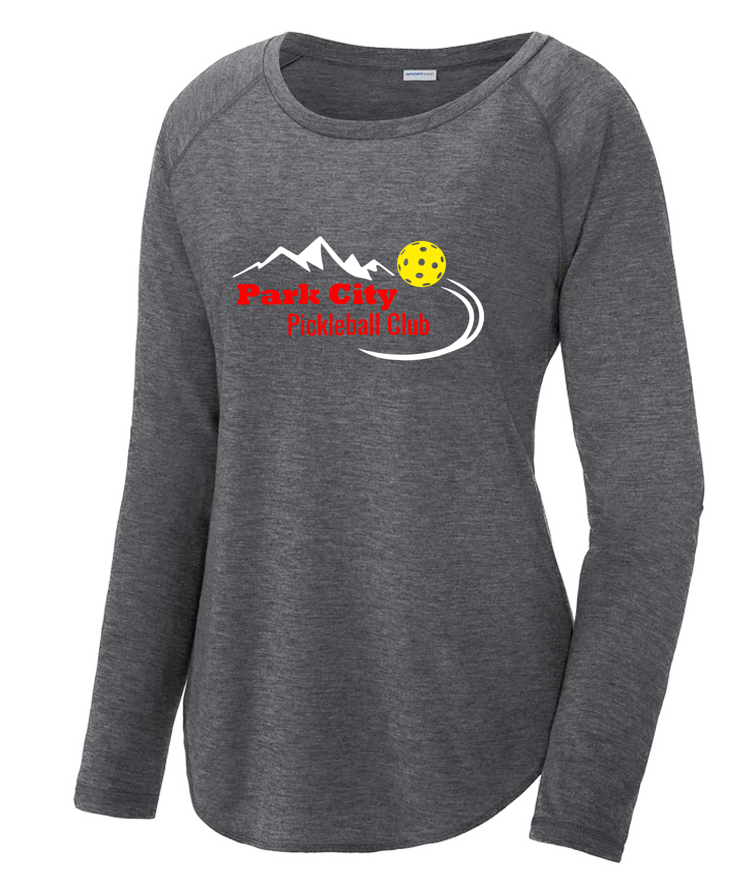 Pickleball Design: Park City Pickleball Club (red words)  Women's Style: Long Sleeve Scoop-Neck  Turn up the volume in this Women's shirt with its perfect mix of softness and attitude. Material is ultra-comfortable with moisture wicking properties and tri-blend softness. PosiCharge technology locks in color. Highly breathable and lightweight.