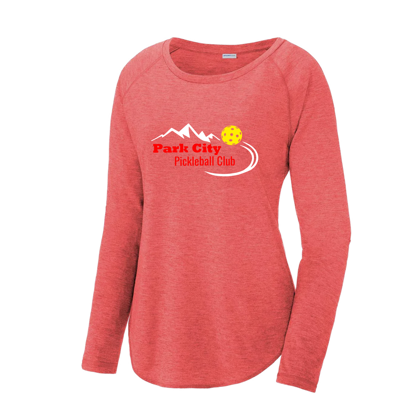 Pickleball Design: Park City Pickleball Club (red words)  Women's Style: Long Sleeve Scoop-Neck  Turn up the volume in this Women's shirt with its perfect mix of softness and attitude. Material is ultra-comfortable with moisture wicking properties and tri-blend softness. PosiCharge technology locks in color. Highly breathable and lightweight.