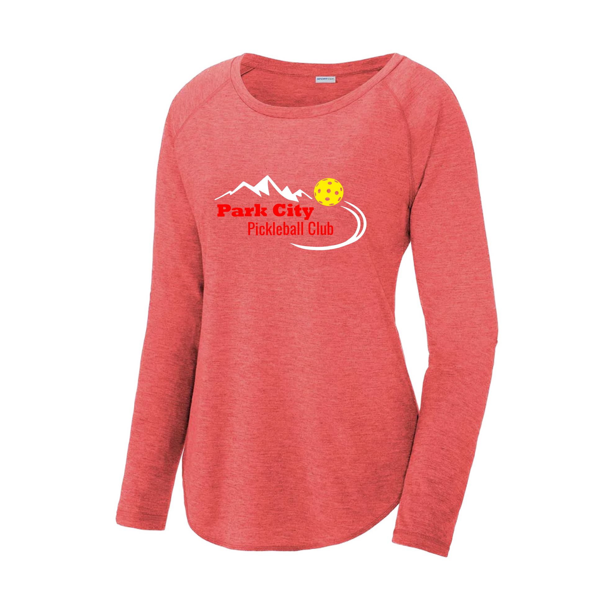 Pickleball Design: Park City Pickleball Club (red words)  Women's Style: Long Sleeve Scoop-Neck  Turn up the volume in this Women's shirt with its perfect mix of softness and attitude. Material is ultra-comfortable with moisture wicking properties and tri-blend softness. PosiCharge technology locks in color. Highly breathable and lightweight.