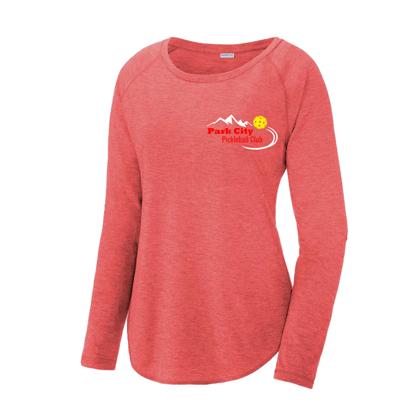 Pickleball Design: Park City Pickleball Club (red words)  Women's Style: Long Sleeve Scoop-Neck  Turn up the volume in this Women's shirt with its perfect mix of softness and attitude. Material is ultra-comfortable with moisture wicking properties and tri-blend softness. PosiCharge technology locks in color. Highly breathable and lightweight.