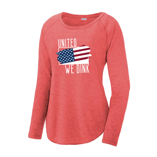 Pickleball Design: United We Dink  Women's Styles: Long-Sleeve Scoop-Neck  Turn up the volume in this Women's shirt with its perfect mix of softness and attitude. Material is ultra-comfortable with moisture wicking properties and tri-blend softness. PosiCharge technology locks in color. Highly breathable and lightweight.