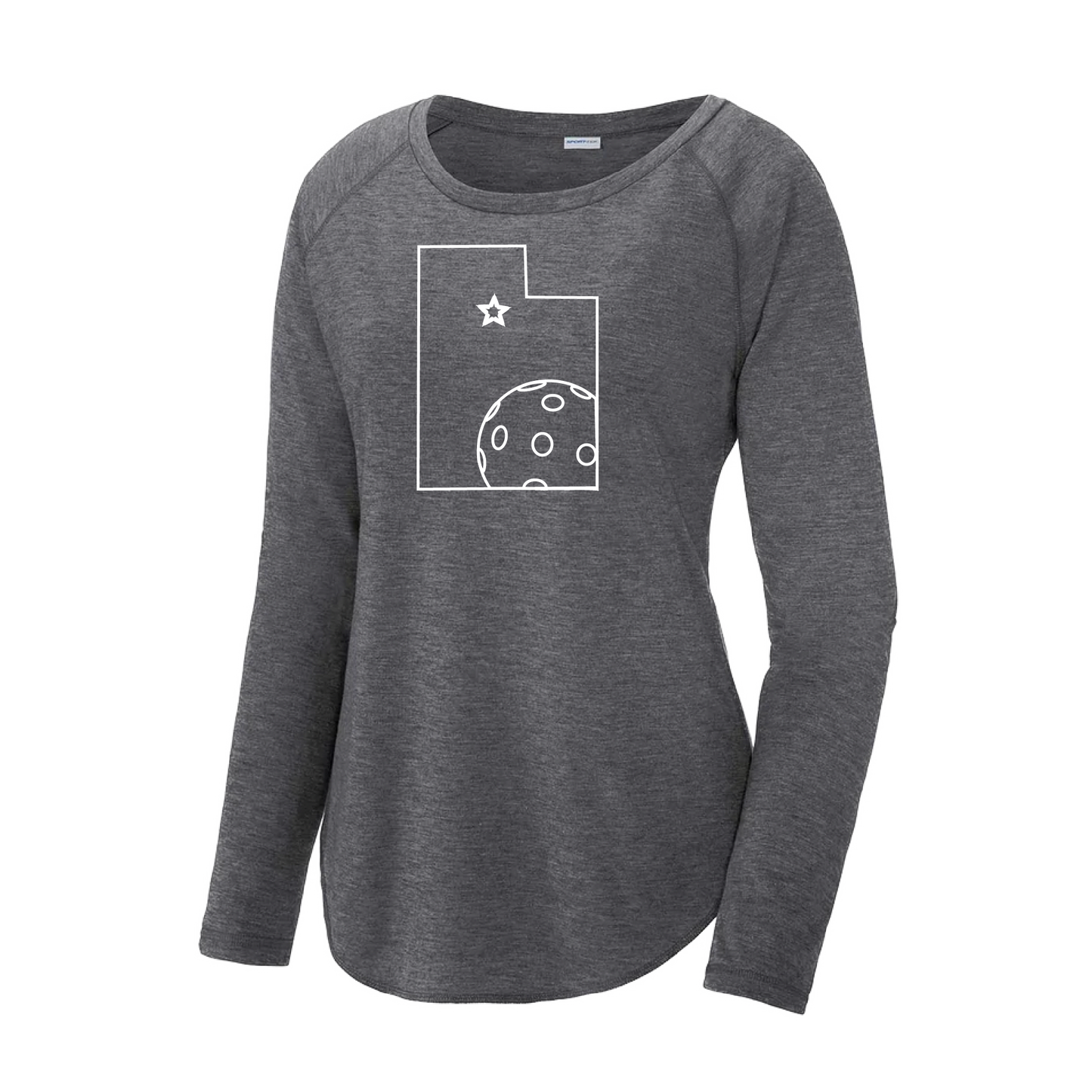 Pickleball Design: Utah Pickleball  Women's Styles: Long-Sleeve Scoop-Neck  Turn up the volume in this Women's shirt with its perfect mix of softness and attitude. Material is ultra-comfortable with moisture wicking properties and tri-blend softness. PosiCharge technology locks in color. Highly breathable and lightweight.