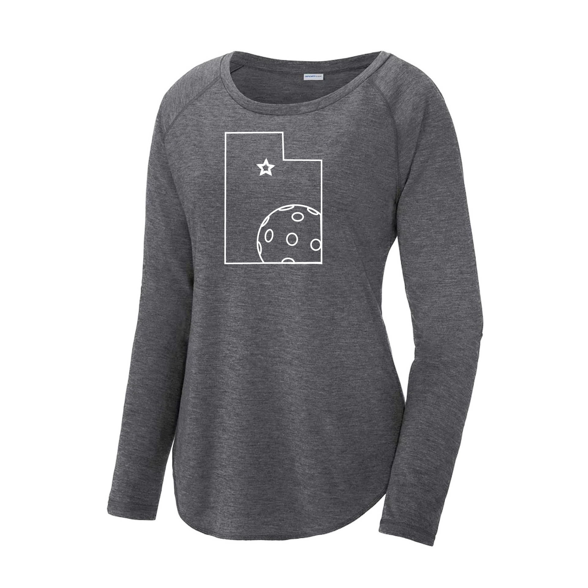 Pickleball Design: Utah Pickleball  Women's Styles: Long-Sleeve Scoop-Neck  Turn up the volume in this Women's shirt with its perfect mix of softness and attitude. Material is ultra-comfortable with moisture wicking properties and tri-blend softness. PosiCharge technology locks in color. Highly breathable and lightweight.