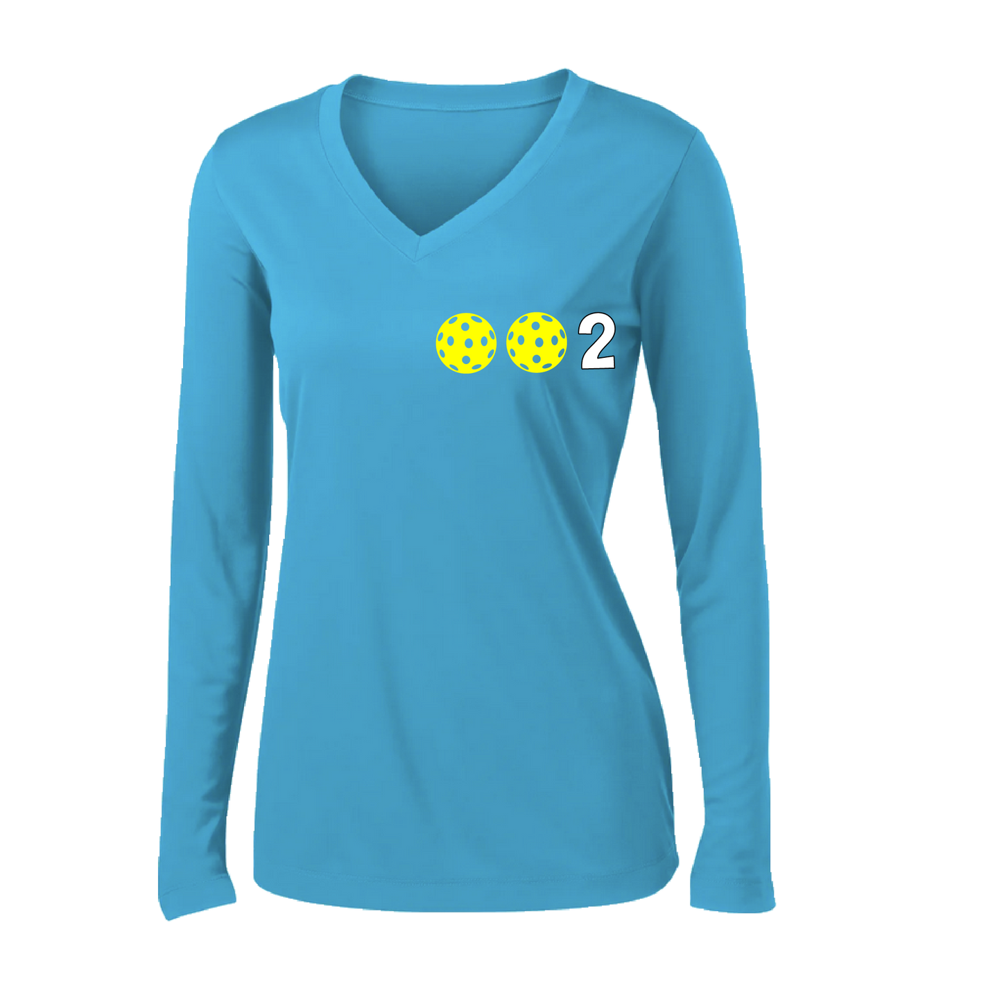 Design: 002 with Customizable Ball Colors (Yellow, Pink, White)  Women's Style:  Long-Sleeve V-Neck  Shirts are lightweight, roomy and highly breathable. These moisture-wicking shirts are designed for athletic performance. They feature PosiCharge technology to lock in color and prevent logos from fading. Removable tag and set-in sleeves for comfo