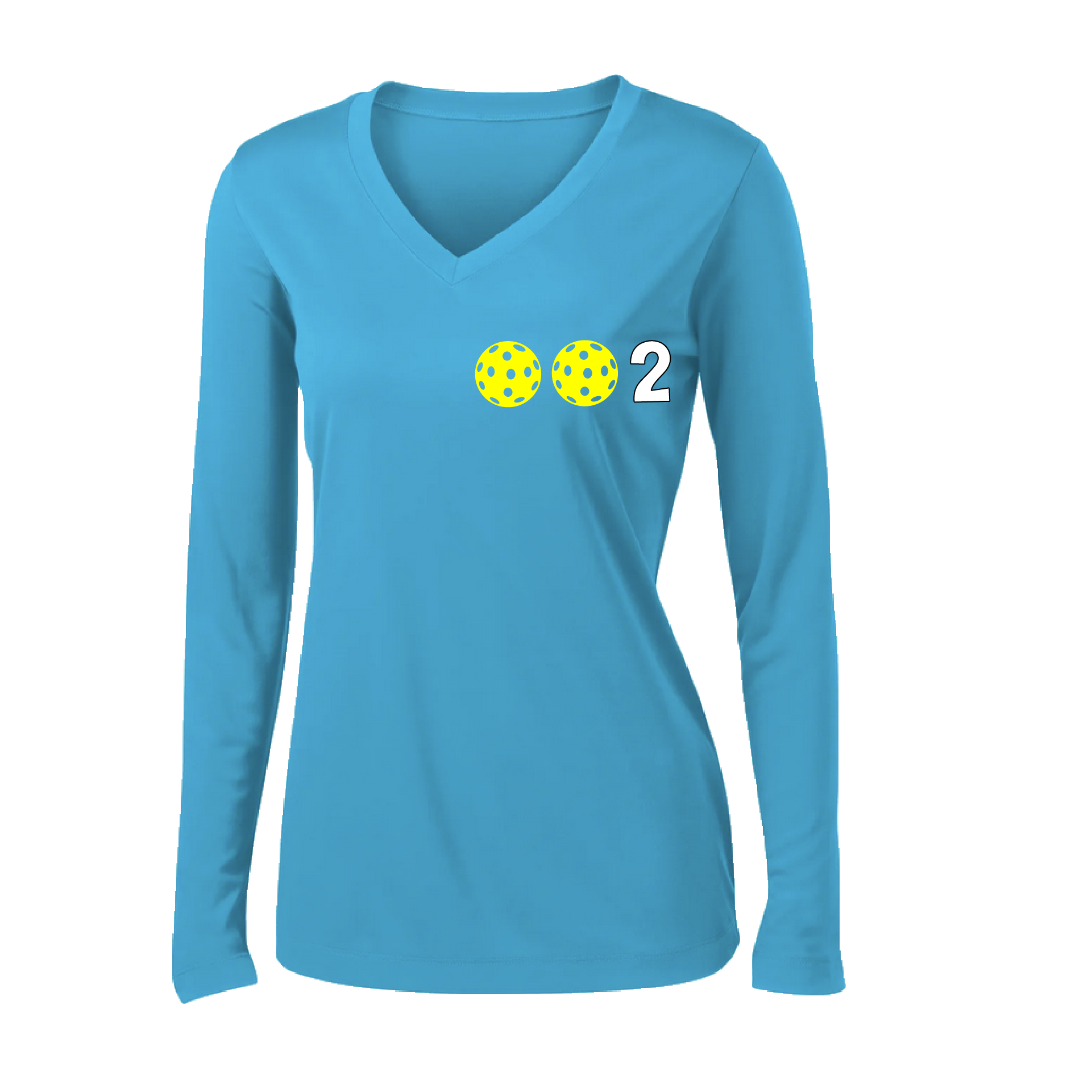 Design: 002 with Customizable Ball Colors (Yellow, Pink, White)  Women's Style:  Long-Sleeve V-Neck  Shirts are lightweight, roomy and highly breathable. These moisture-wicking shirts are designed for athletic performance. They feature PosiCharge technology to lock in color and prevent logos from fading. Removable tag and set-in sleeves for comfo