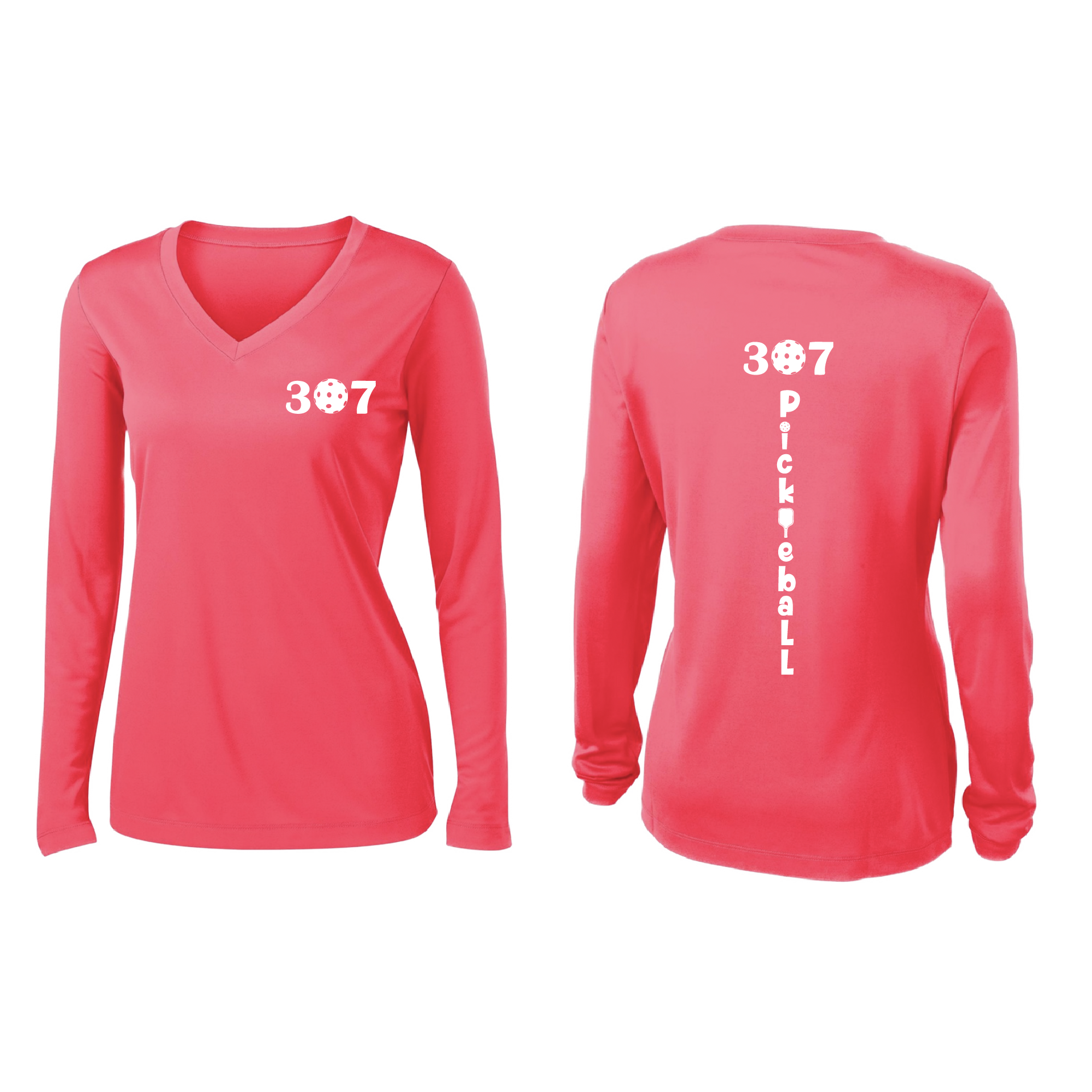 Design: 307 Wyoming Pickleball Club  Women's Style: Long-Sleeve V-Neck  Turn up the volume in this Women's shirt with its perfect mix of softness and attitude. Material is ultra-comfortable with moisture wicking properties and tri-blend softness. PosiCharge technology locks in color. Highly breathable and lightweight.