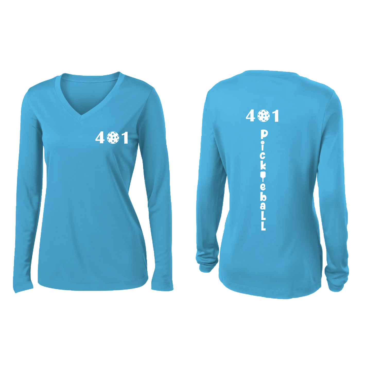 Design: 401 Pickleball  Women's Style: Long Sleeve V-Neck  Turn up the volume in this Women's shirt with its perfect mix of softness and attitude. Material is ultra-comfortable with moisture wicking properties and tri-blend softness. PosiCharge technology locks in color. Highly breathable