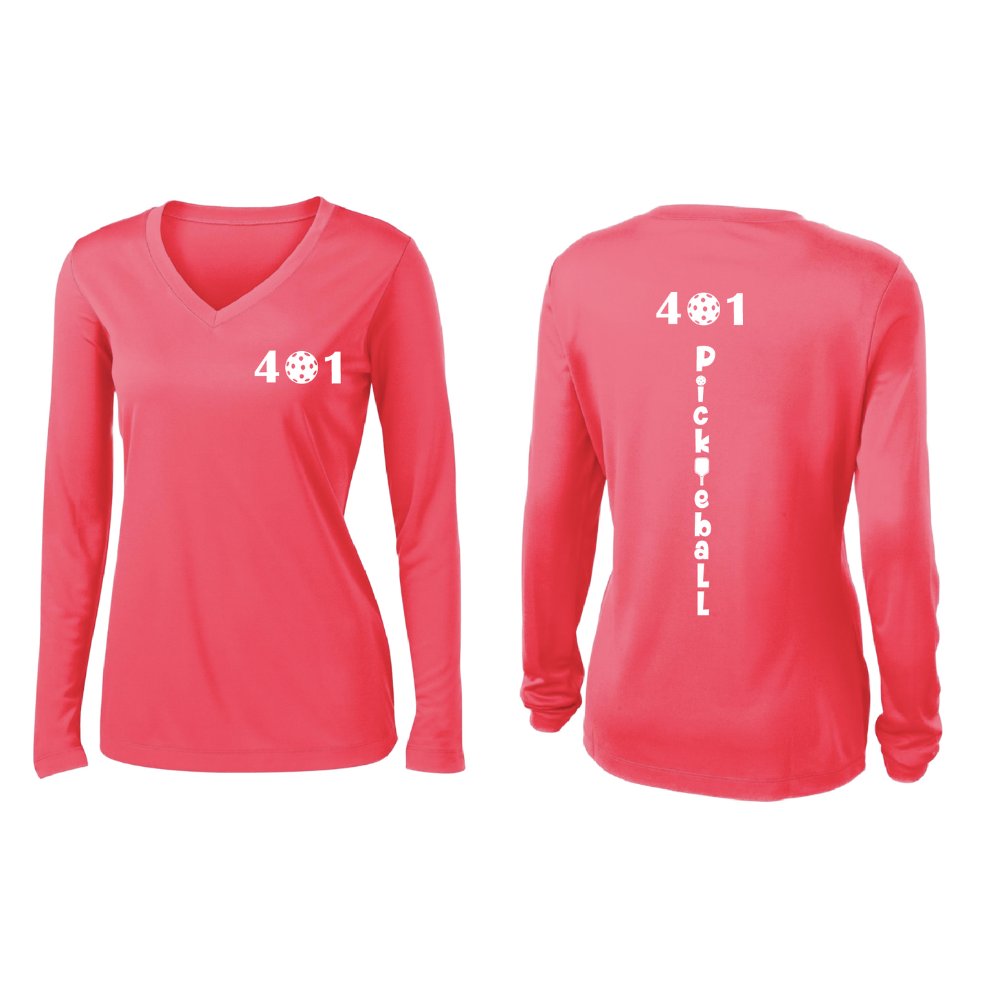 Design: 401 Pickleball  Women's Style: Long Sleeve V-Neck  Turn up the volume in this Women's shirt with its perfect mix of softness and attitude. Material is ultra-comfortable with moisture wicking properties and tri-blend softness. PosiCharge technology locks in color. Highly breathable