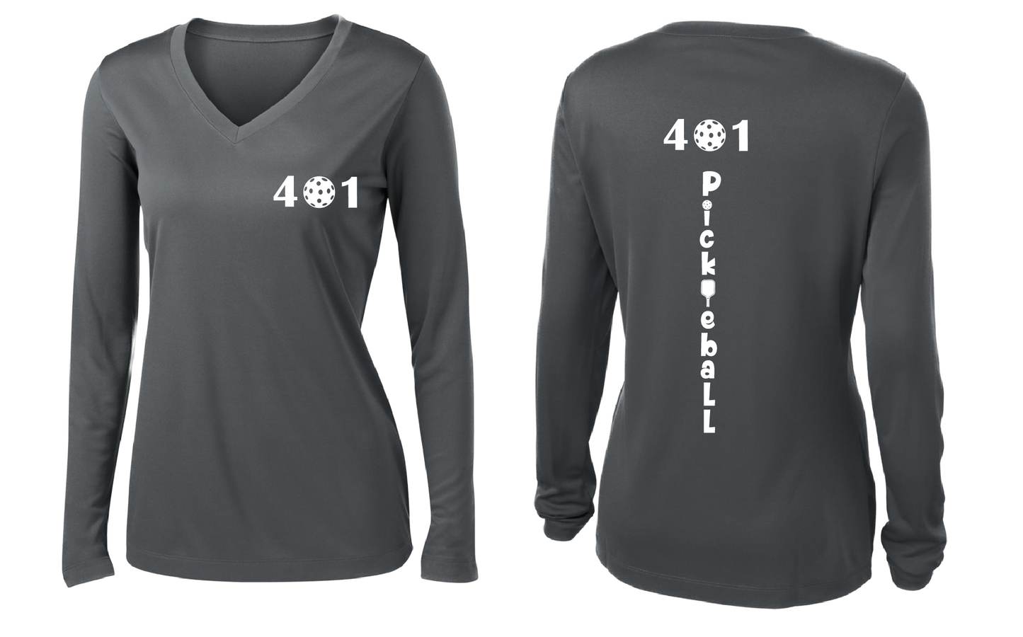 Design: 401 Pickleball  Women's Style: Long Sleeve V-Neck  Turn up the volume in this Women's shirt with its perfect mix of softness and attitude. Material is ultra-comfortable with moisture wicking properties and tri-blend softness. PosiCharge technology locks in color. Highly breathable