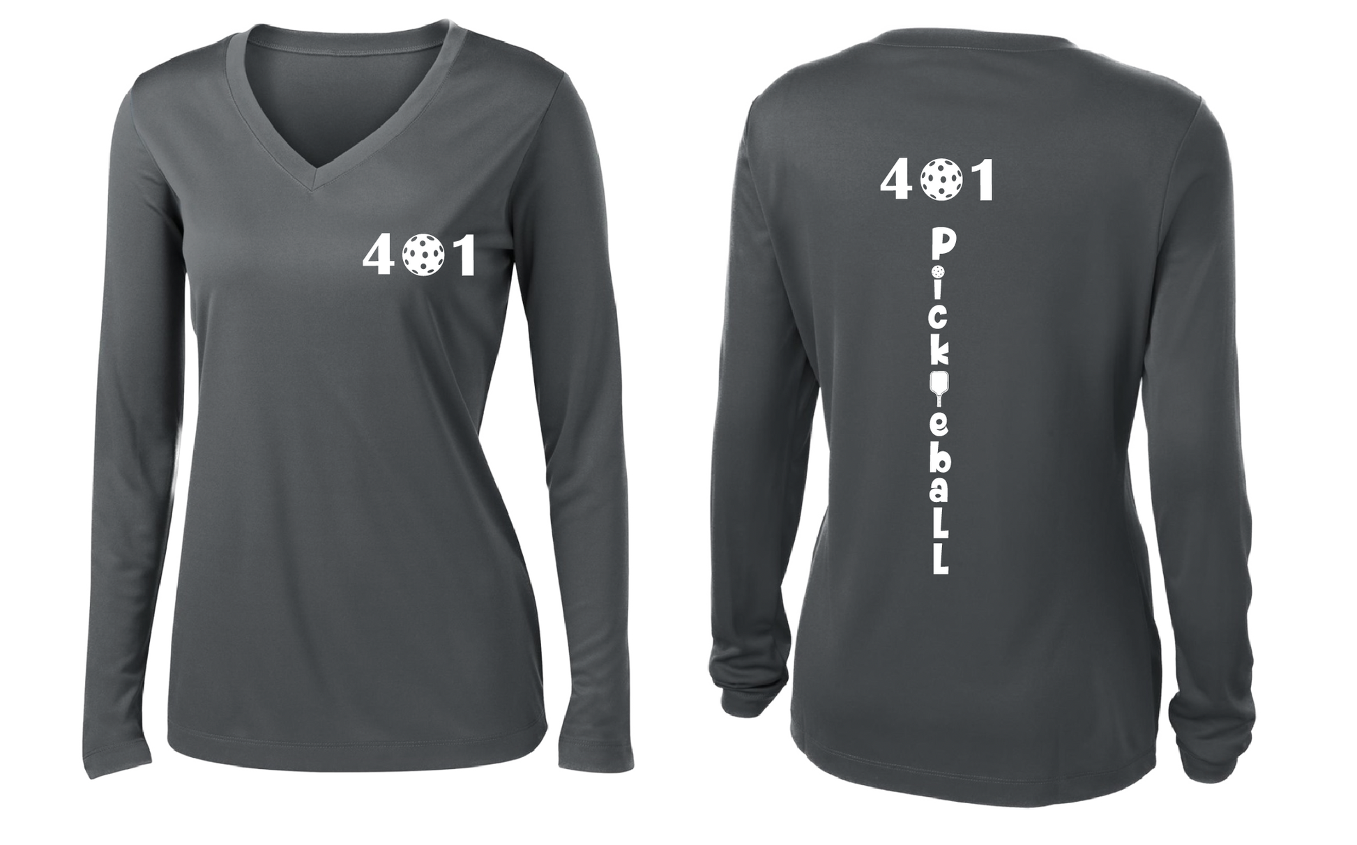 Design: 401 Pickleball  Women's Style: Long Sleeve V-Neck  Turn up the volume in this Women's shirt with its perfect mix of softness and attitude. Material is ultra-comfortable with moisture wicking properties and tri-blend softness. PosiCharge technology locks in color. Highly breathable