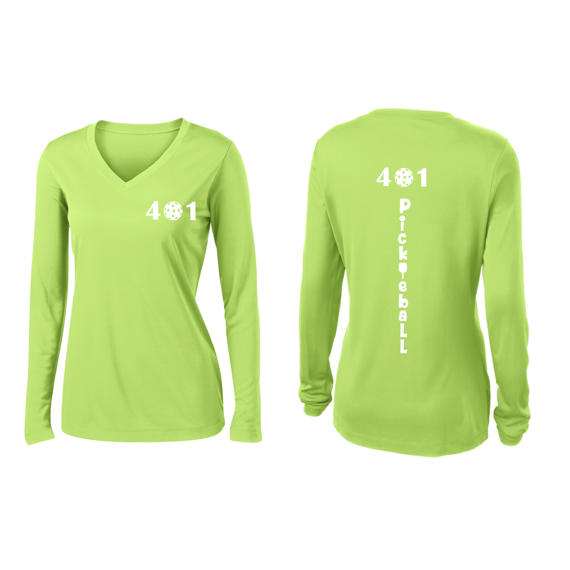 Design: 401 Pickleball  Women's Style: Long Sleeve V-Neck  Turn up the volume in this Women's shirt with its perfect mix of softness and attitude. Material is ultra-comfortable with moisture wicking properties and tri-blend softness. PosiCharge technology locks in color. Highly breathable