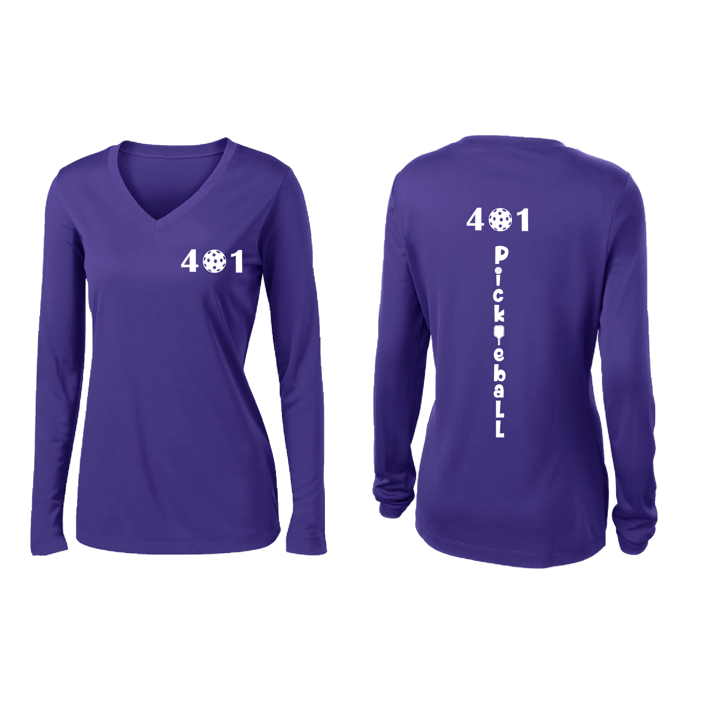 Design: 401 Pickleball  Women's Style: Long Sleeve V-Neck  Turn up the volume in this Women's shirt with its perfect mix of softness and attitude. Material is ultra-comfortable with moisture wicking properties and tri-blend softness. PosiCharge technology locks in color. Highly breathable