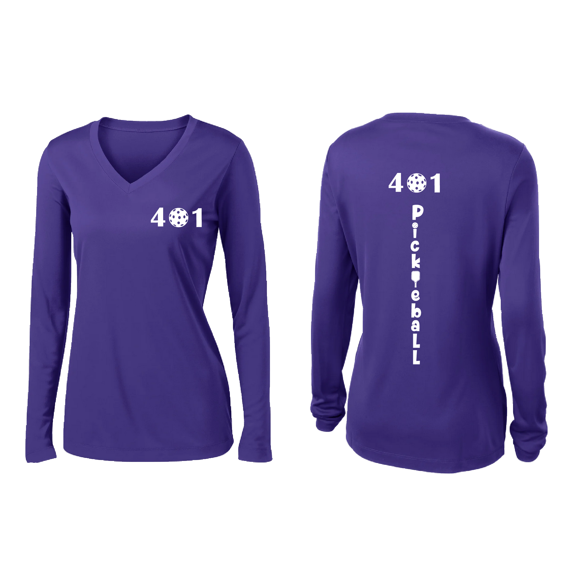 Design: 401 Pickleball  Women's Style: Long Sleeve V-Neck  Turn up the volume in this Women's shirt with its perfect mix of softness and attitude. Material is ultra-comfortable with moisture wicking properties and tri-blend softness. PosiCharge technology locks in color. Highly breathable