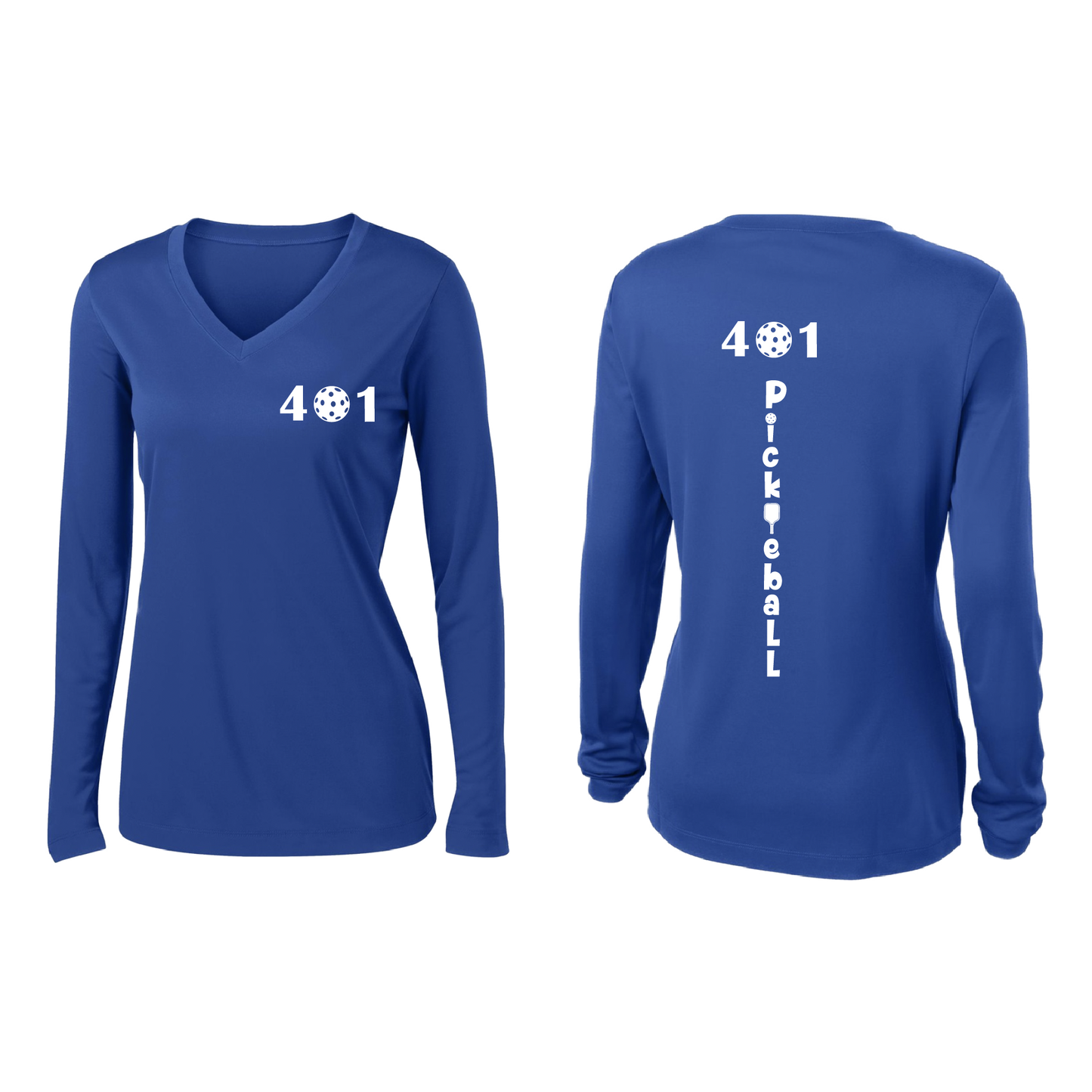 Design: 401 Pickleball  Women's Style: Long Sleeve V-Neck  Turn up the volume in this Women's shirt with its perfect mix of softness and attitude. Material is ultra-comfortable with moisture wicking properties and tri-blend softness. PosiCharge technology locks in color. Highly breathable