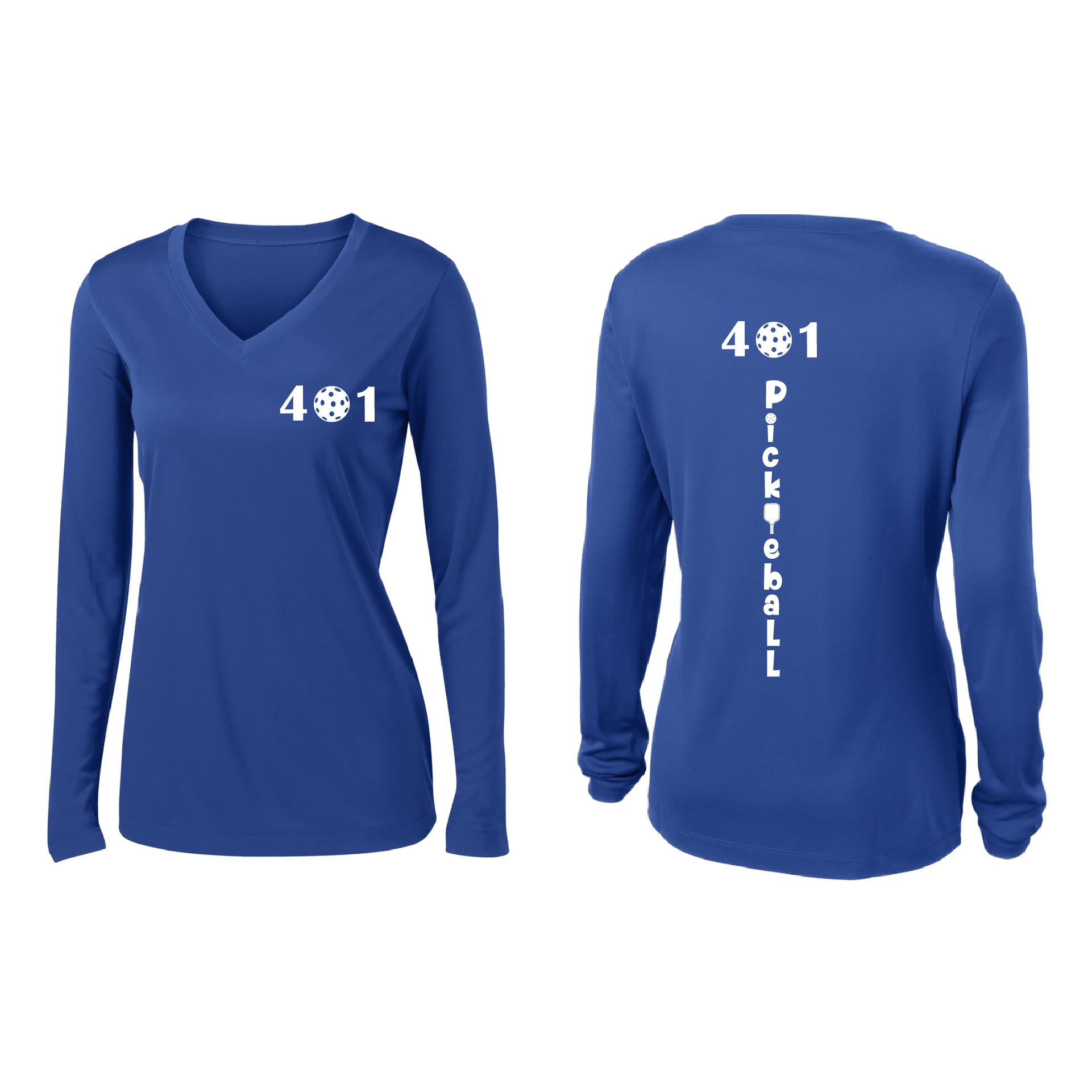 Design: 401 Pickleball  Women's Style: Long Sleeve V-Neck  Turn up the volume in this Women's shirt with its perfect mix of softness and attitude. Material is ultra-comfortable with moisture wicking properties and tri-blend softness. PosiCharge technology locks in color. Highly breathable