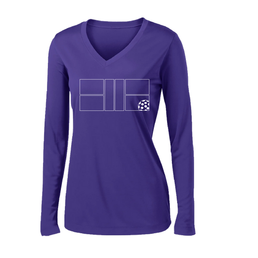 Pickleball Design: Pickleball Court with Pickleball  Women's Style: Long Sleeve V-Neck  Turn up the volume in this Women's shirt with its perfect mix of softness and attitude. Material is ultra-comfortable with moisture wicking properties and tri-blend softness. PosiCharge technology locks in color. Highly breathable and lightweight.