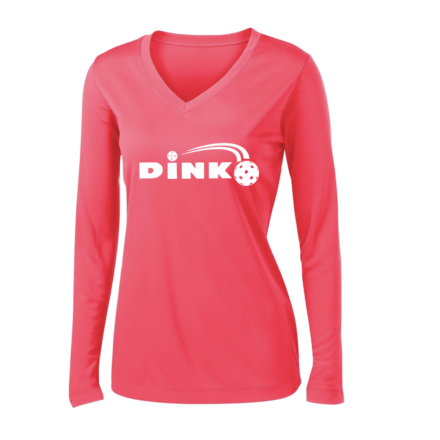 Pickleball Design: Dink  Women's Style: Long Sleeve V-Neck  Turn up the volume in this Women's shirt with its perfect mix of softness and attitude. Material is ultra-comfortable with moisture wicking properties and tri-blend softness. PosiCharge technology locks in color. Highly breathable and lightweight.